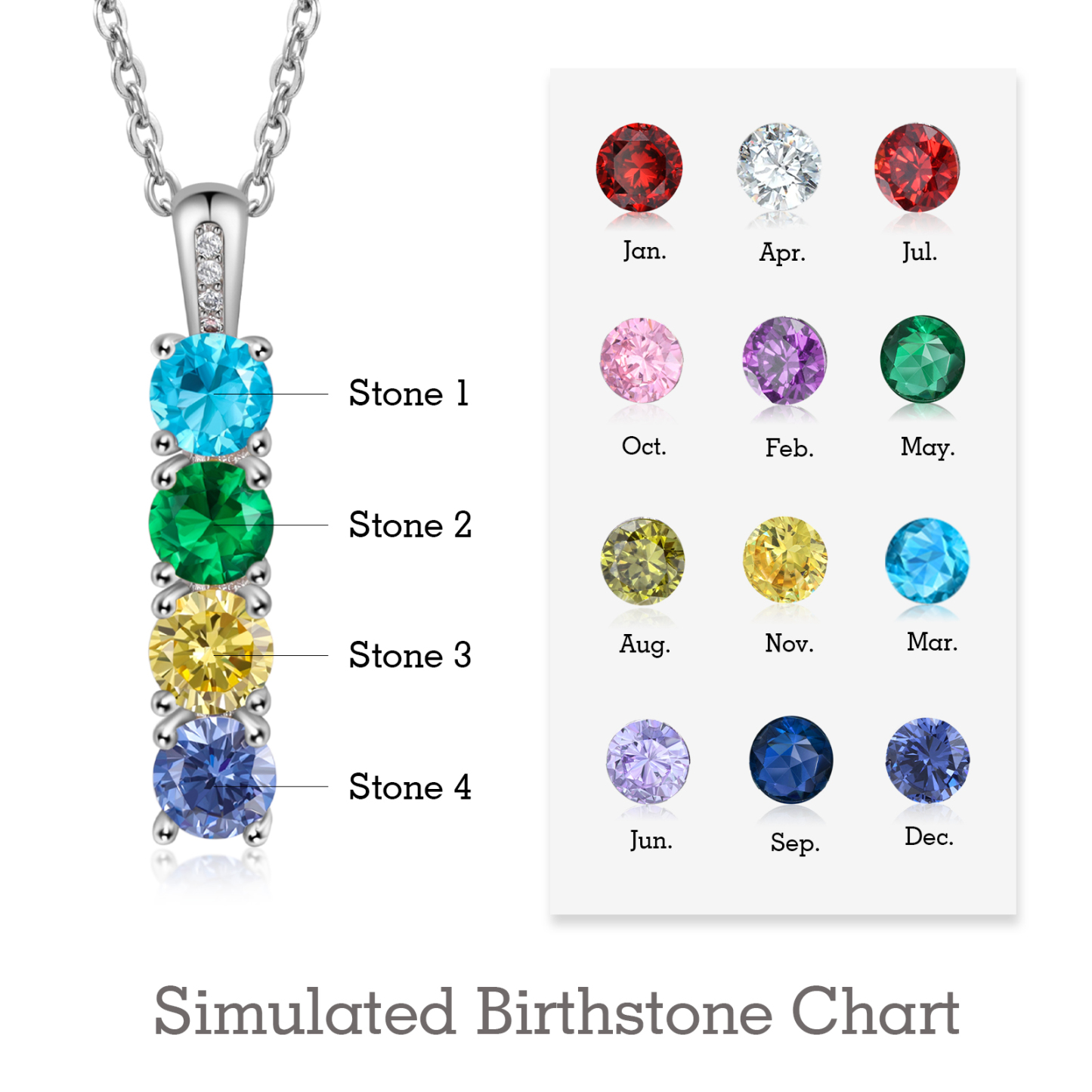 Collier avec 4 Pierres de Naissance Personnalisées – Zircon Cubique sur Chaîne en Argent 925 ou Plaqué Rhodium Collier pour Femme|Jessemade