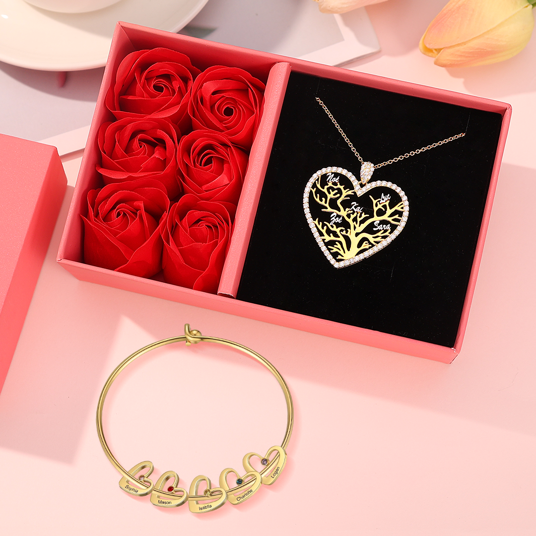 2PCS Coffret Cadeau À Maman - Collier Pendentif Arbre de vie Arbre et Bracelet Pierre Personnalisé avec 5 Prénoms et Pierres de Naissance | Jessemade