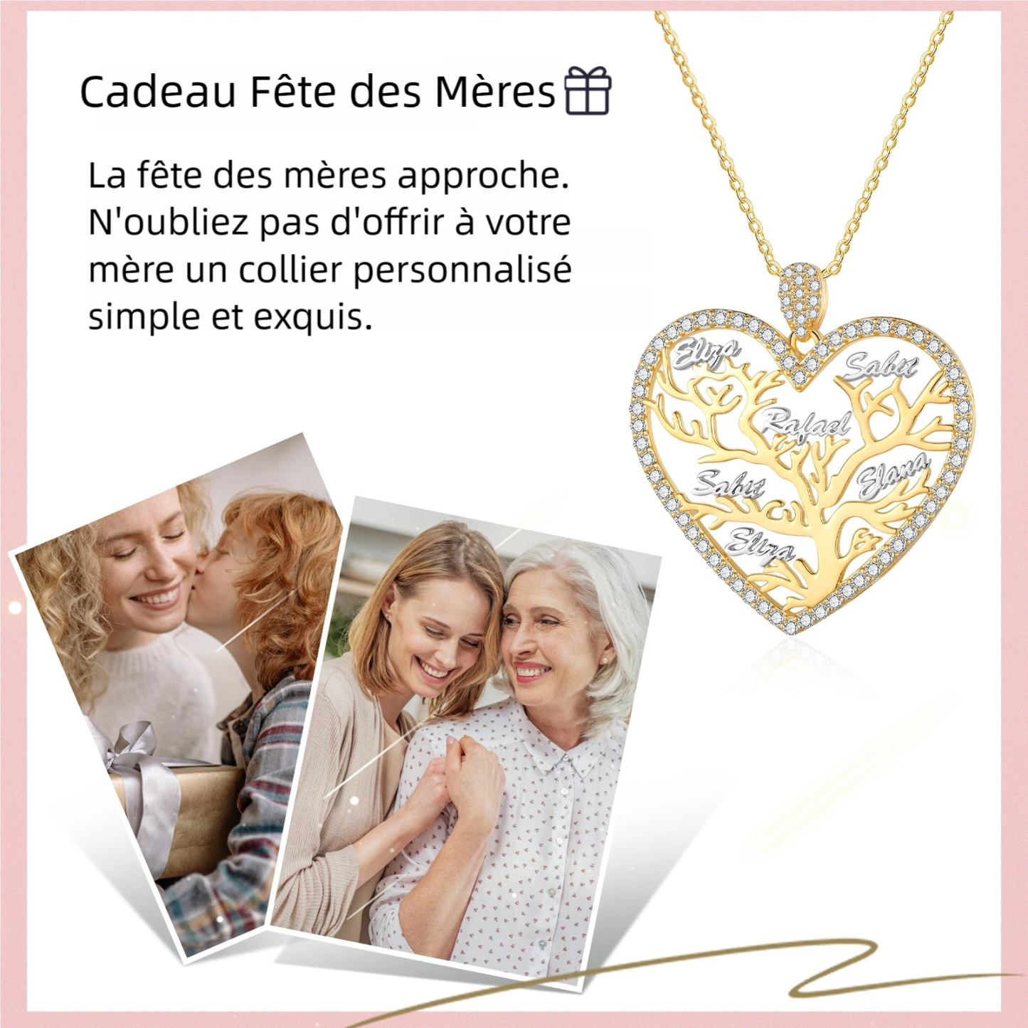 À Ma Maman - Collier Pendentif Arbre de vie Arbre généalogique 1-6 prénoms Avec Coffret Coeur | Jessemade