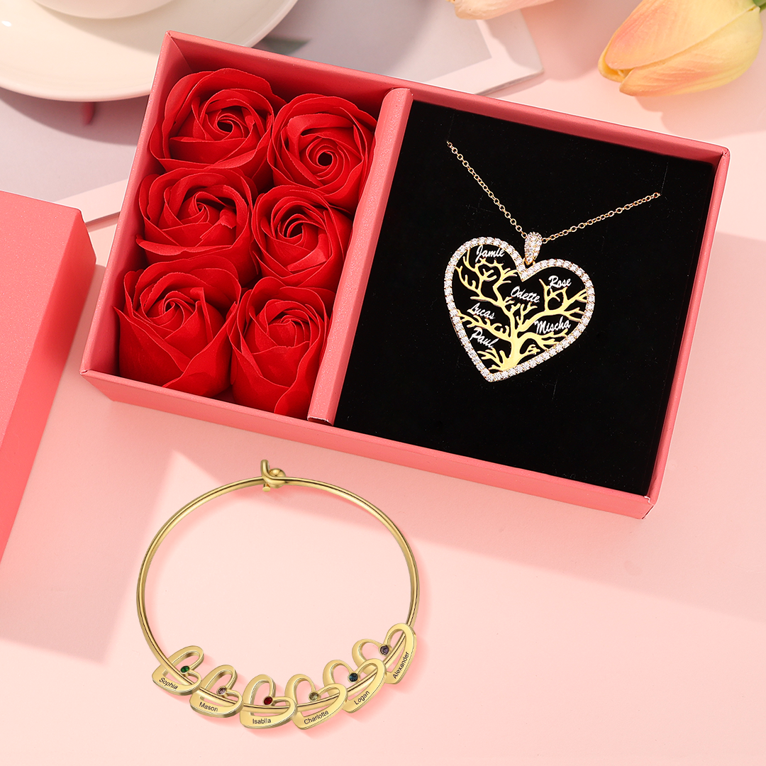2PCS Coffret Cadeau À Maman - Collier Pendentif Arbre de vie Arbre et Bracelet Pierre Personnalisé avec 6 Prénoms et Pierres de Naissance | Jessemade