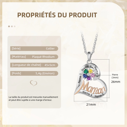 Collier Maman Personnalisé Cœur avec 1-5 Prénoms et Pierres de Naissance avec Coffret Rouge