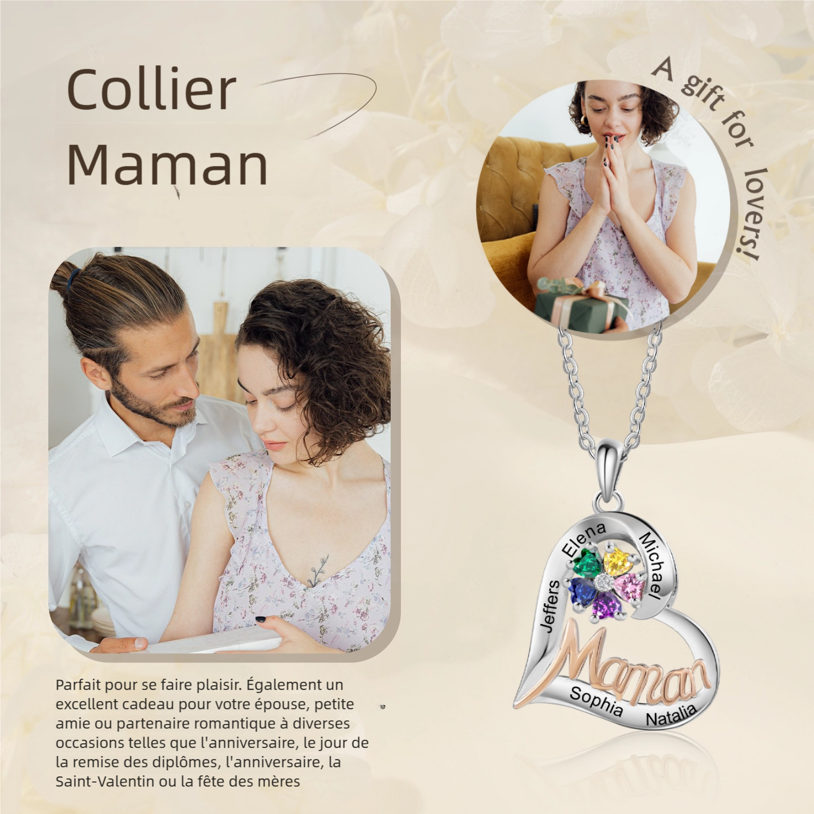 Collier Maman Personnalisé Cœur avec 1-5 Prénoms et Pierres de Naissance avec Coffret Rouge