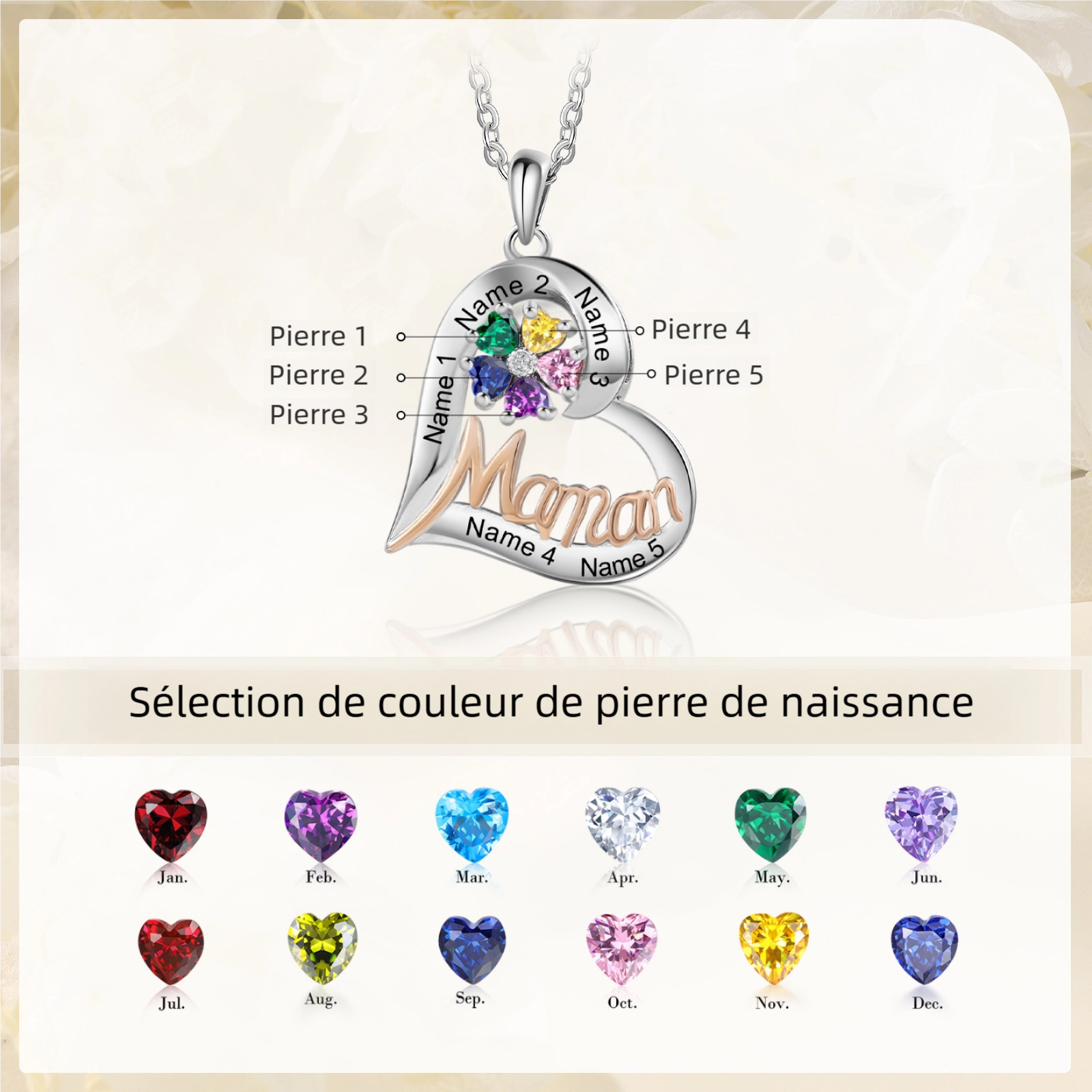 À Ma Maman-Collier Coeur 1-5 Prénoms Personnalisés avec 1-5 Pierres de Naissance Collier Maman｜Jessemade