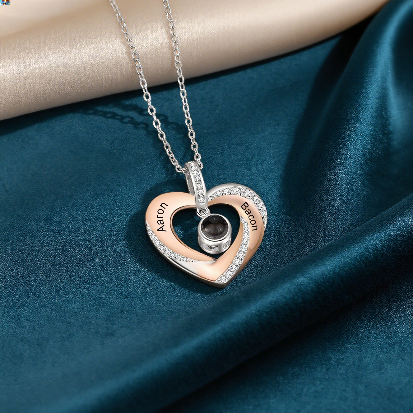 Collier Coeur Projection de Pierres 2 Prénoms et 1 Photo Personnalisés｜Jessemade