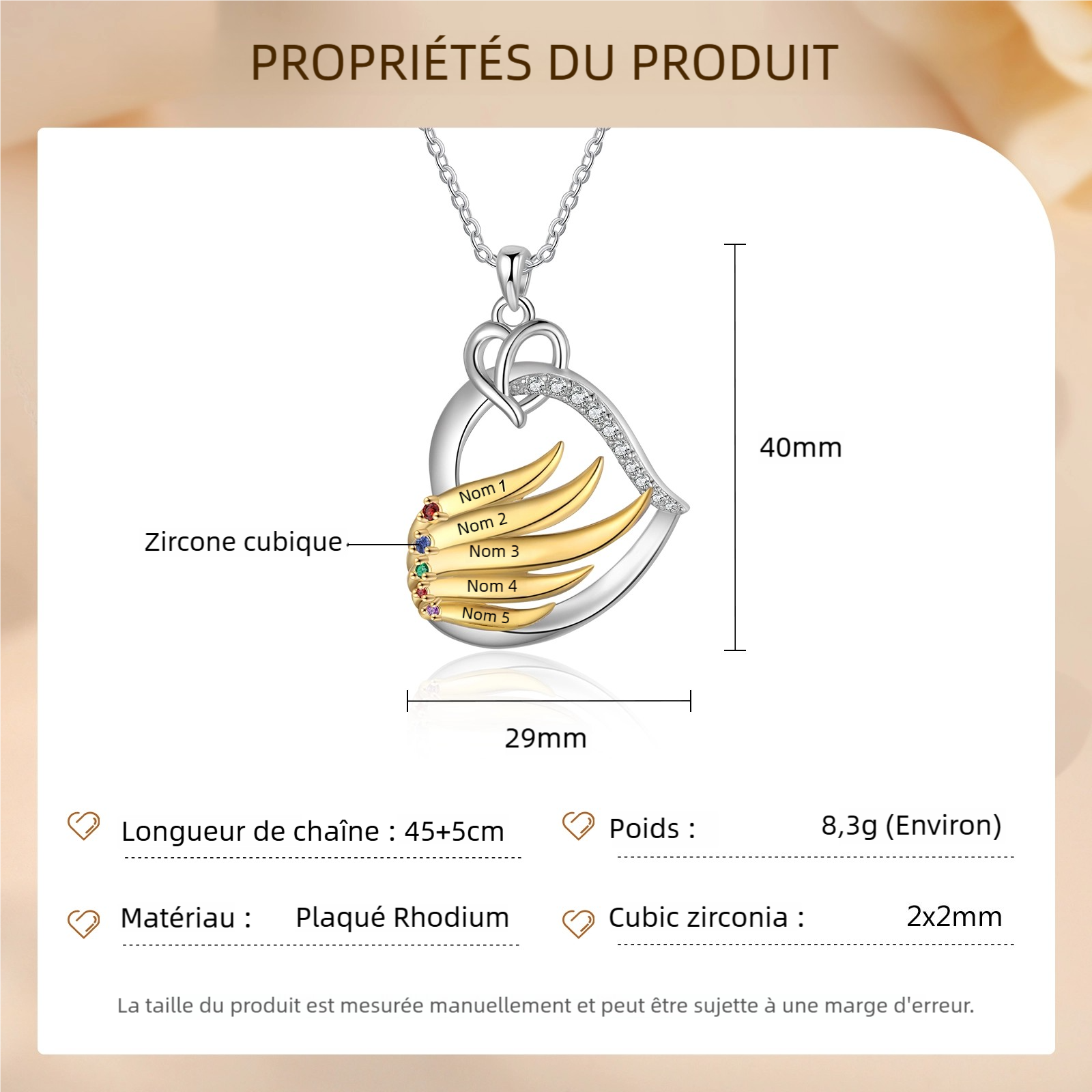 Collier Coeur et Ailes 2-5 Prénoms Personnalisés avec Pierres de naissance pour Femmes｜Jessemade