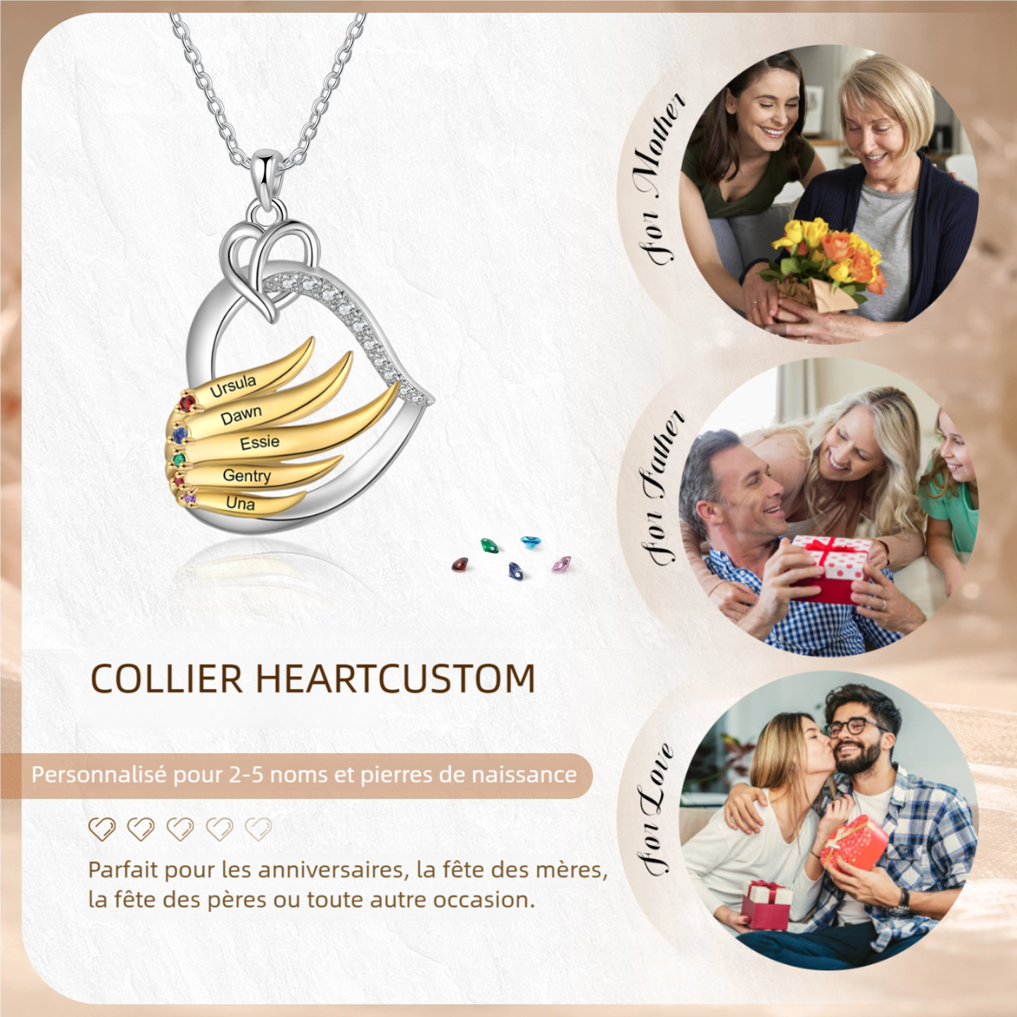 Collier Coeur et Ailes 2-5 Prénoms Personnalisés avec Pierres de naissance pour Femmes｜Jessemade
