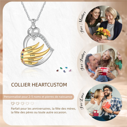 Collier Coeur et Ailes 2-5 Prénoms Personnalisés avec Pierres de naissance pour Femmes｜Jessemade