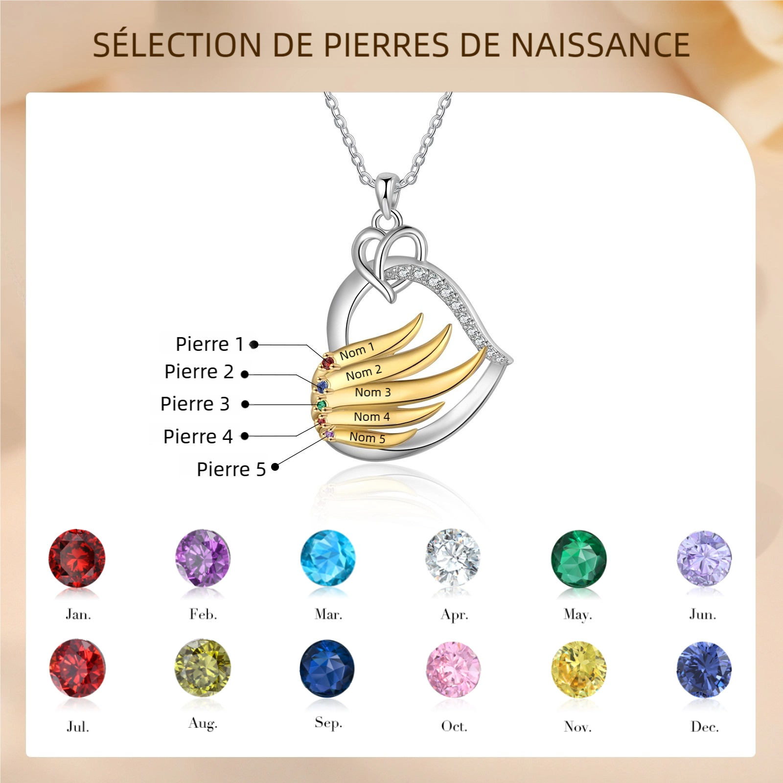 Collier Coeur et Ailes 2-5 Prénoms Personnalisés avec Pierres de naissance pour Femmes｜Jessemade