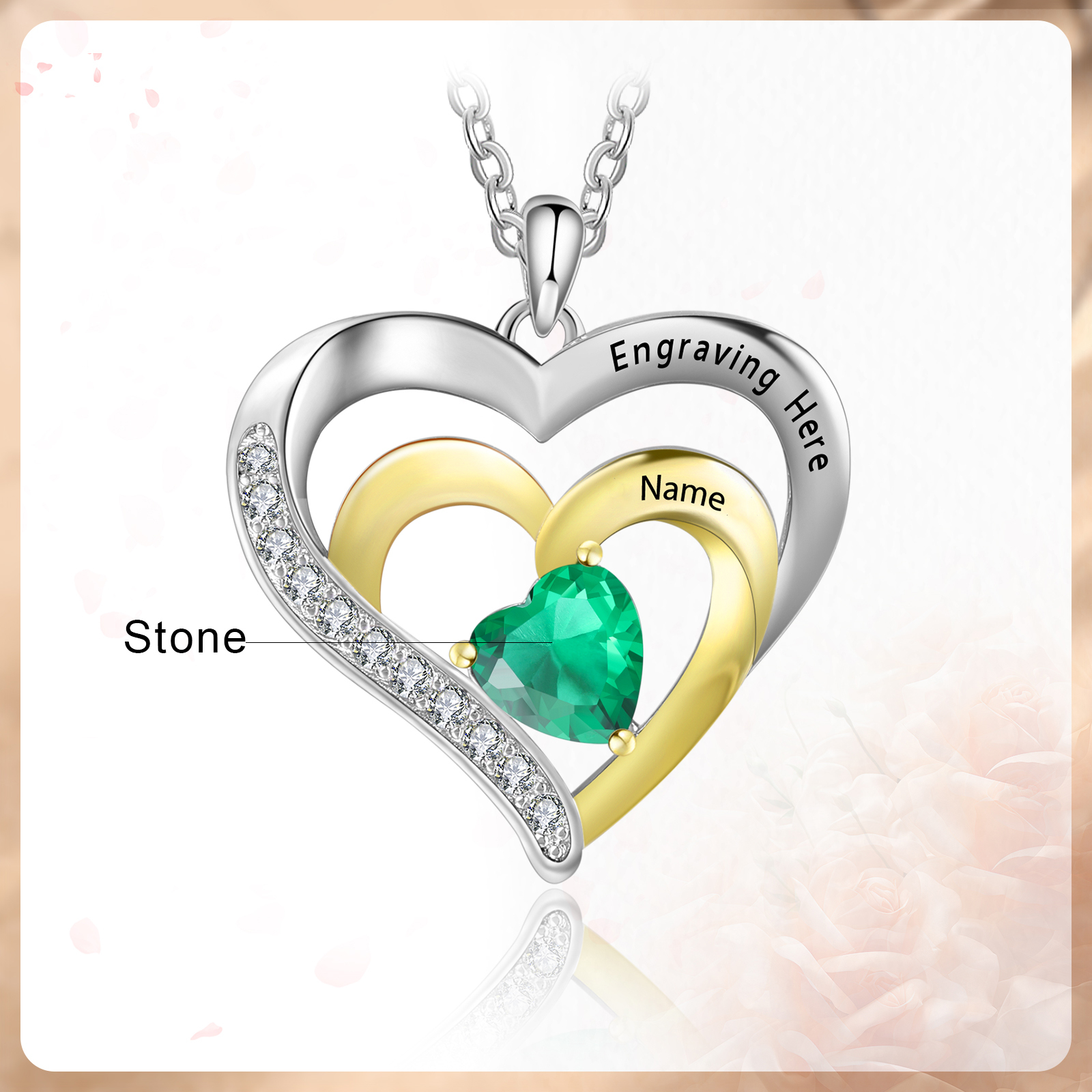 Collier Pendentif Cœur 1 Prénom et 1 Texte Personnalisés avec Pierre de naissance pour Femmes