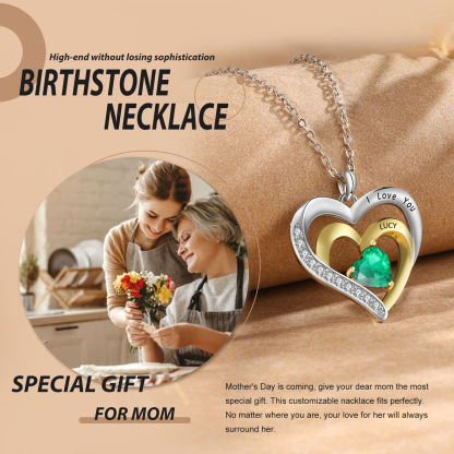 Collier Pendentif Cœur 1 Prénom et 1 Texte Personnalisés avec Pierre de naissance pour Femmes