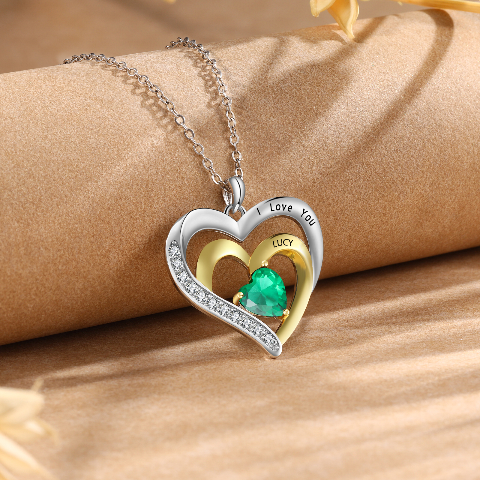 Collier Pendentif Cœur 1 Prénom et 1 Texte Personnalisés avec Pierre de naissance pour Femmes