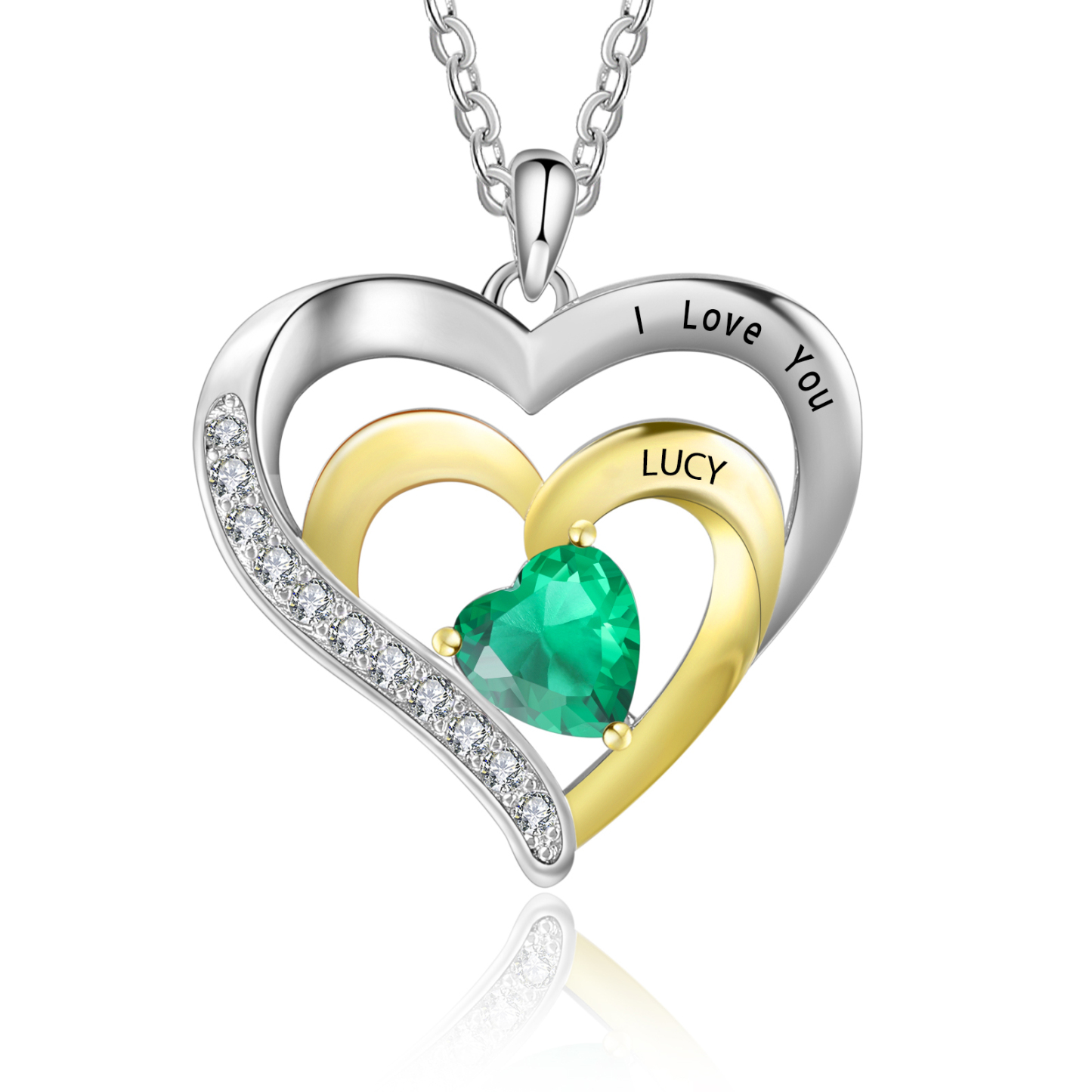 Collier Pendentif Cœur 1 Prénom et 1 Texte Personnalisés avec Pierre de naissance pour Femmes-Jessemade FR