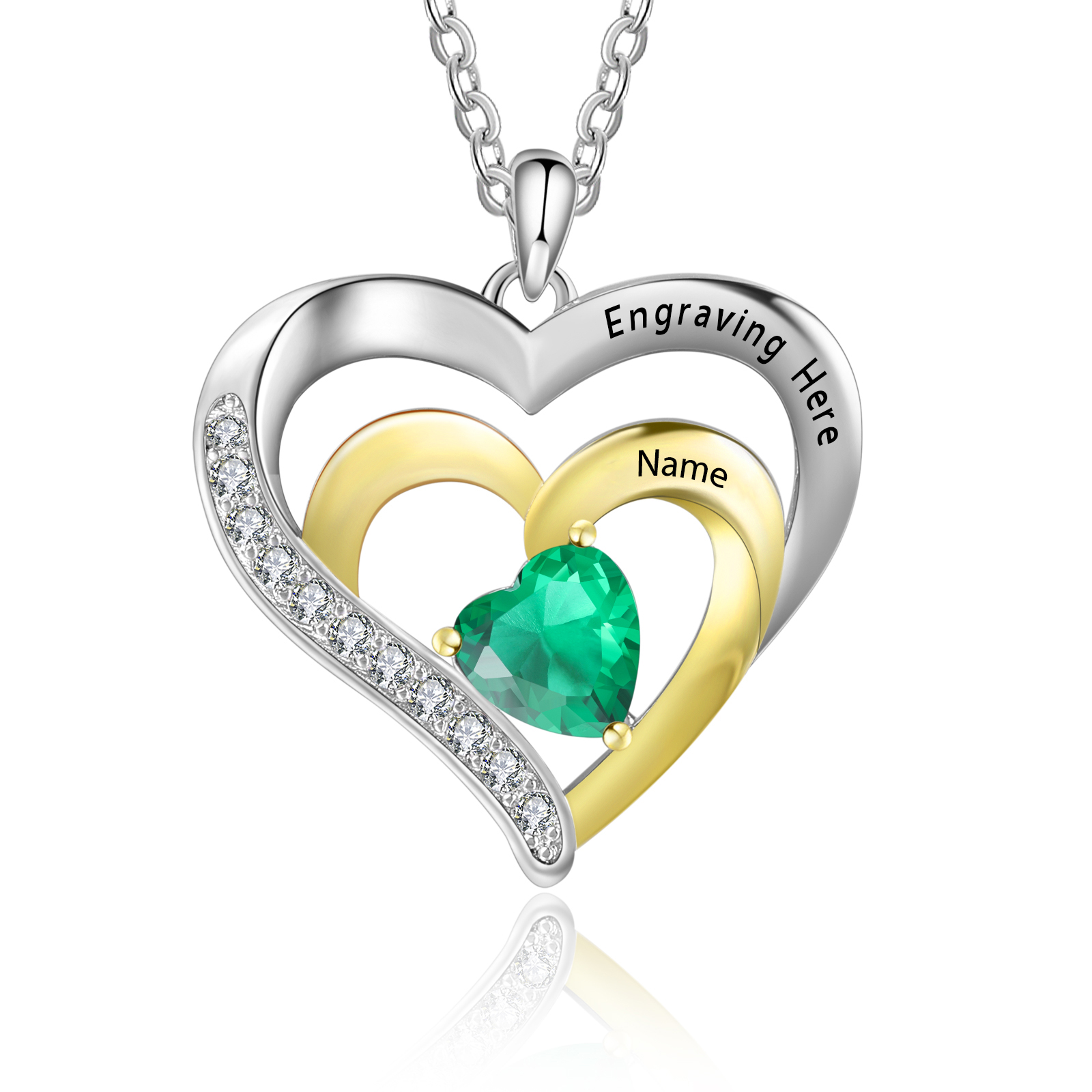 Collier Pendentif Cœur 1 Prénom et 1 Texte Personnalisés avec Pierre de naissance pour Femmes