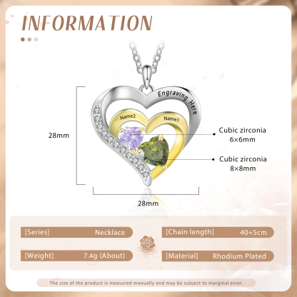 Collier Pendentif Cœur 2 Prénoms et 1 Texte Personnalisés avec Pierre de naissance pour Femmes