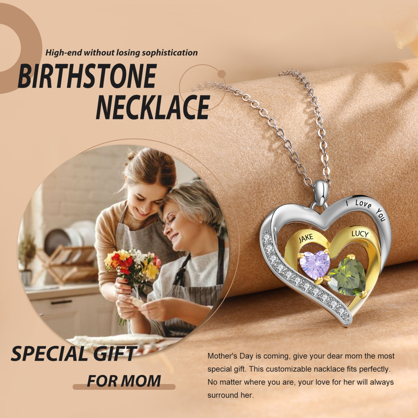 Collier Pendentif Cœur 2 Prénoms et 1 Texte Personnalisés avec Pierre de naissance pour Femmes