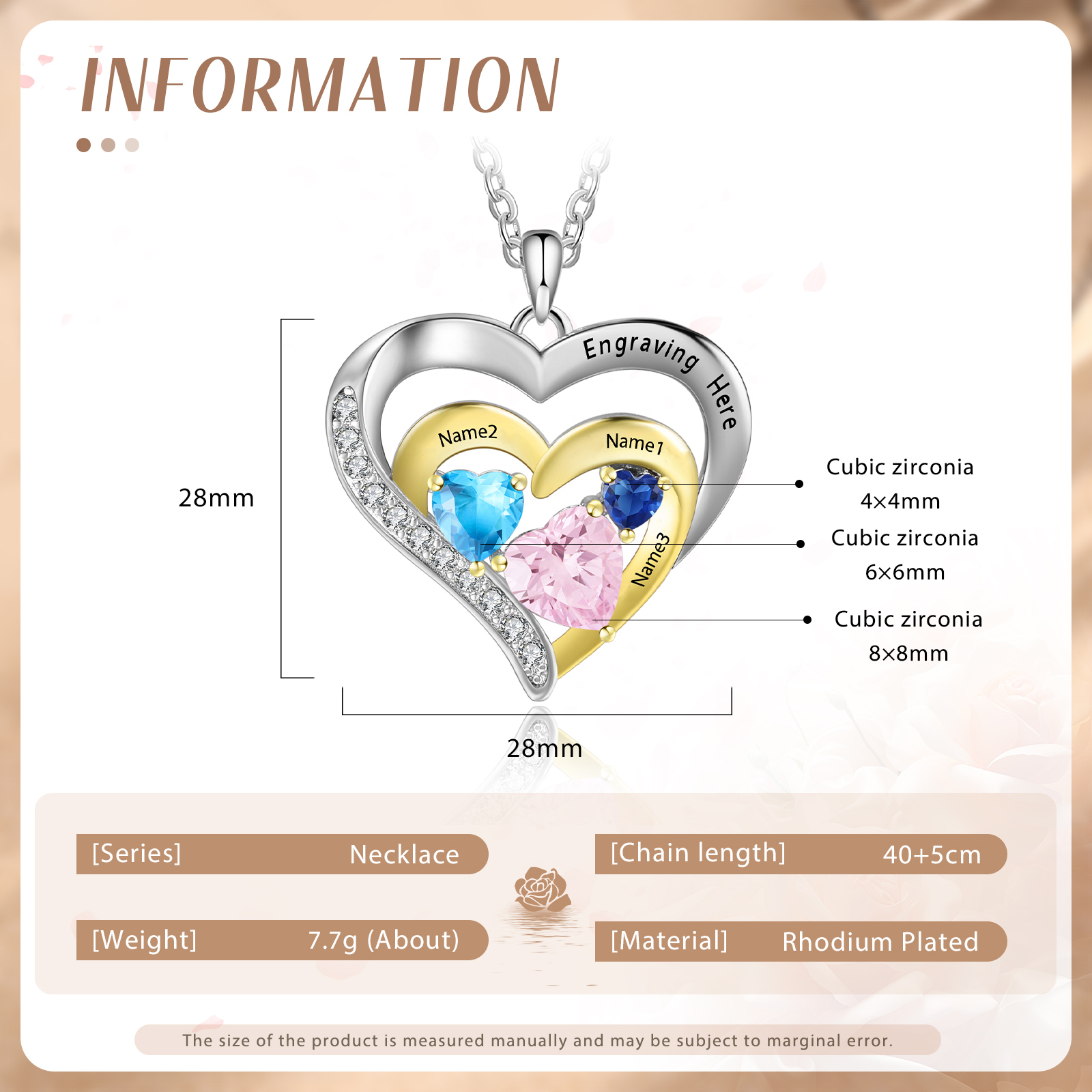 Collier Pendentif Cœur 3 Prénoms et 1 Texte Personnalisés avec Pierre de naissance pour Femmes