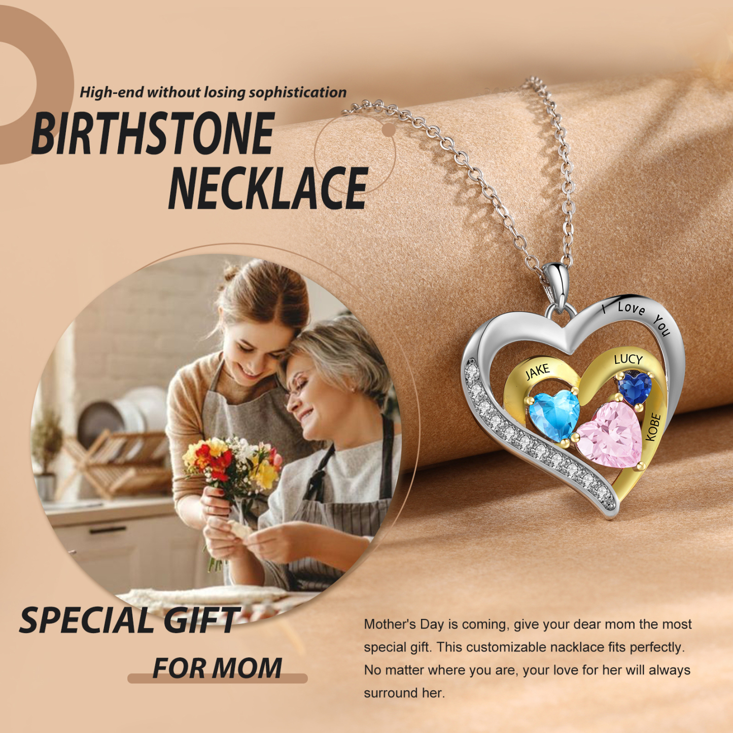 Collier Pendentif Cœur 3 Prénoms et 1 Texte Personnalisés avec Pierre de naissance pour Femmes