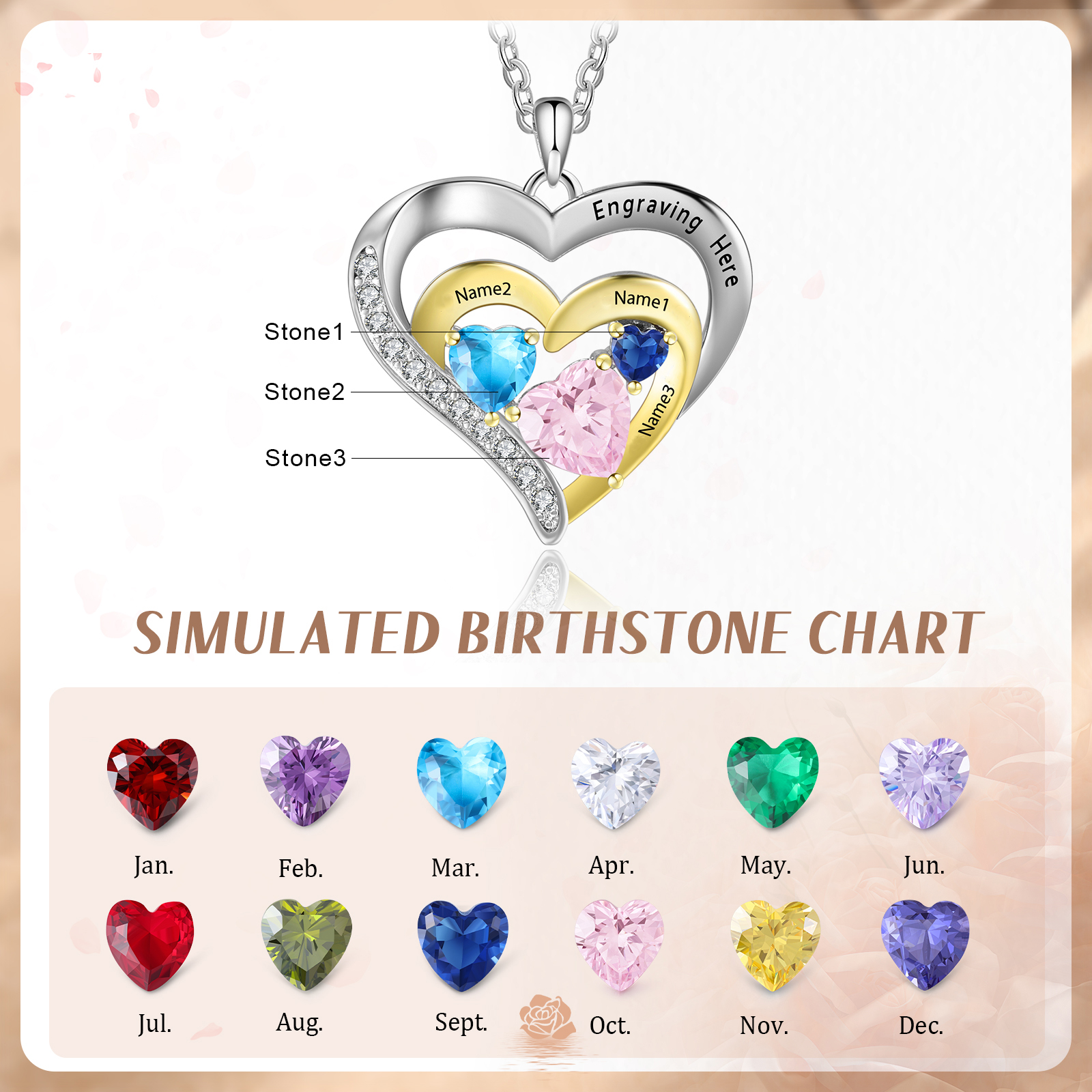 Collier Pendentif Cœur 3 Prénoms et 1 Texte Personnalisés avec Pierre de naissance pour Femmes