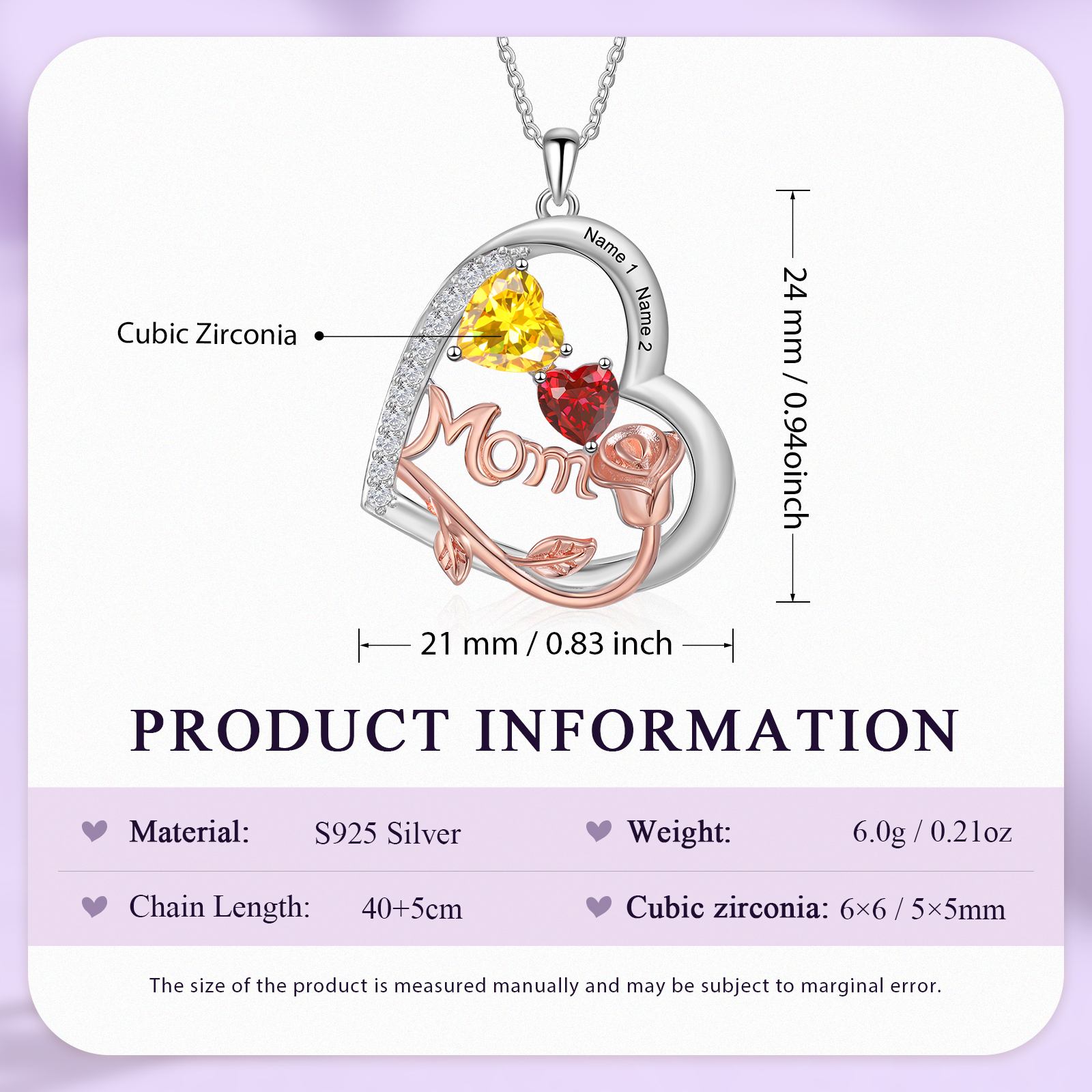 À Maman - Collier Pendentif Cœur et Roses 2 Prénoms Personnalisés avec Pierres de naissance | Jessemade