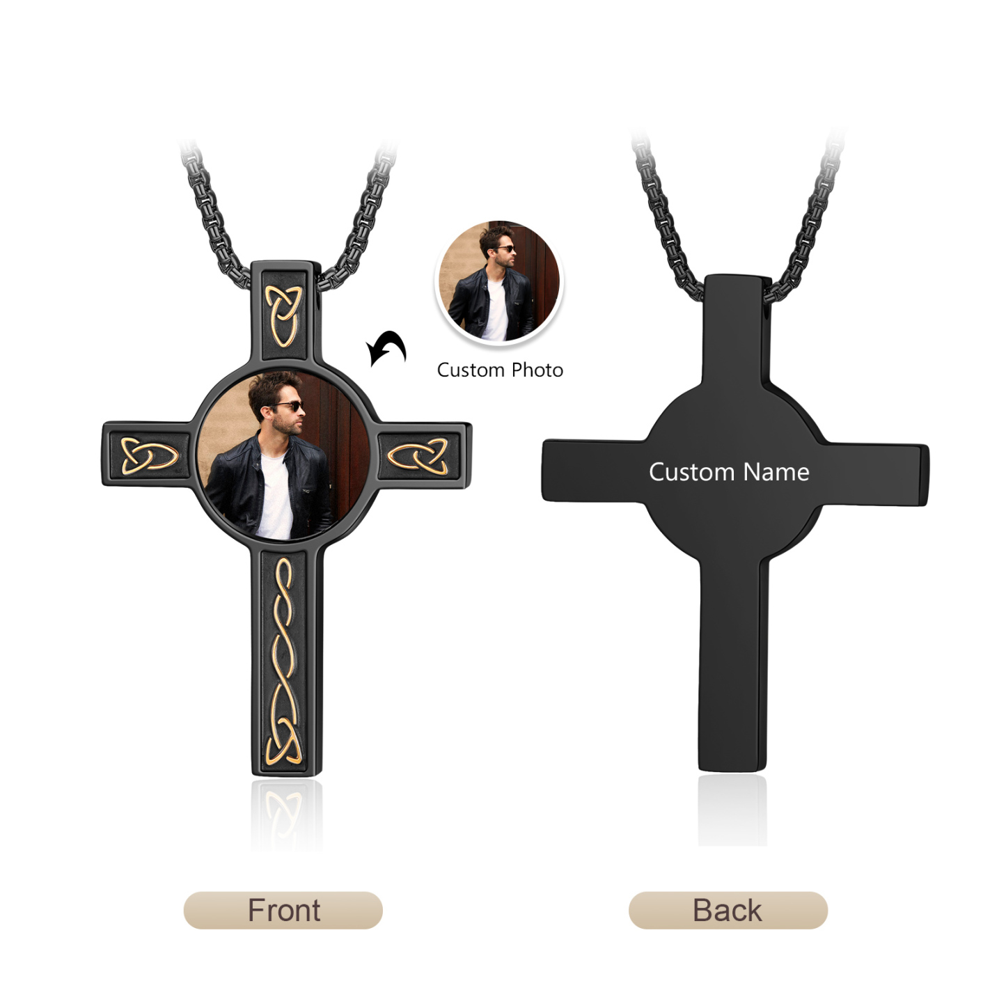 Collier Croix Collier Personnalisé avec Prénom et Photo Noir/Argent|Jessemade