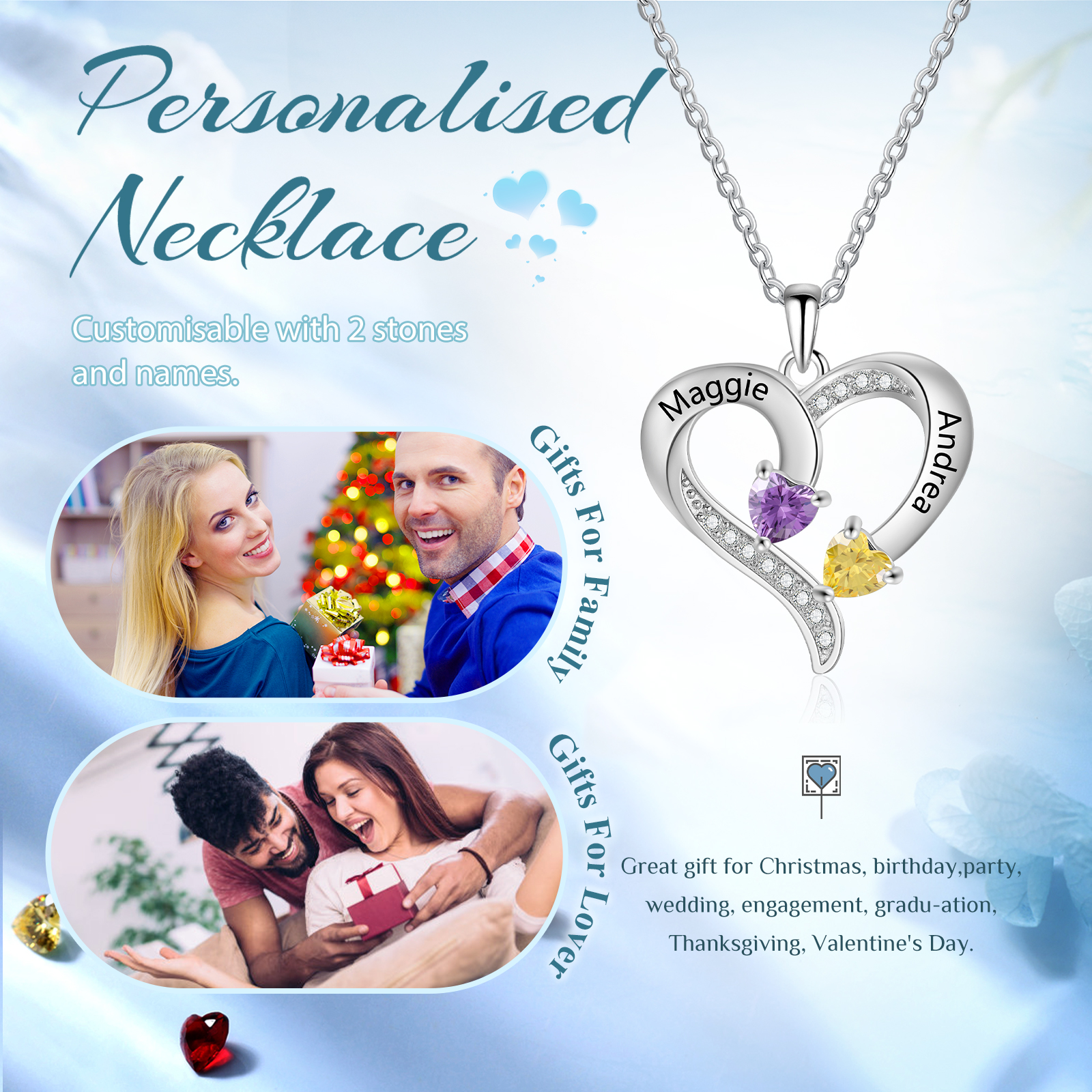 Collier Cœur 2 Prénoms Personnalisés avec 2 Pierres de Naissance Collier femme