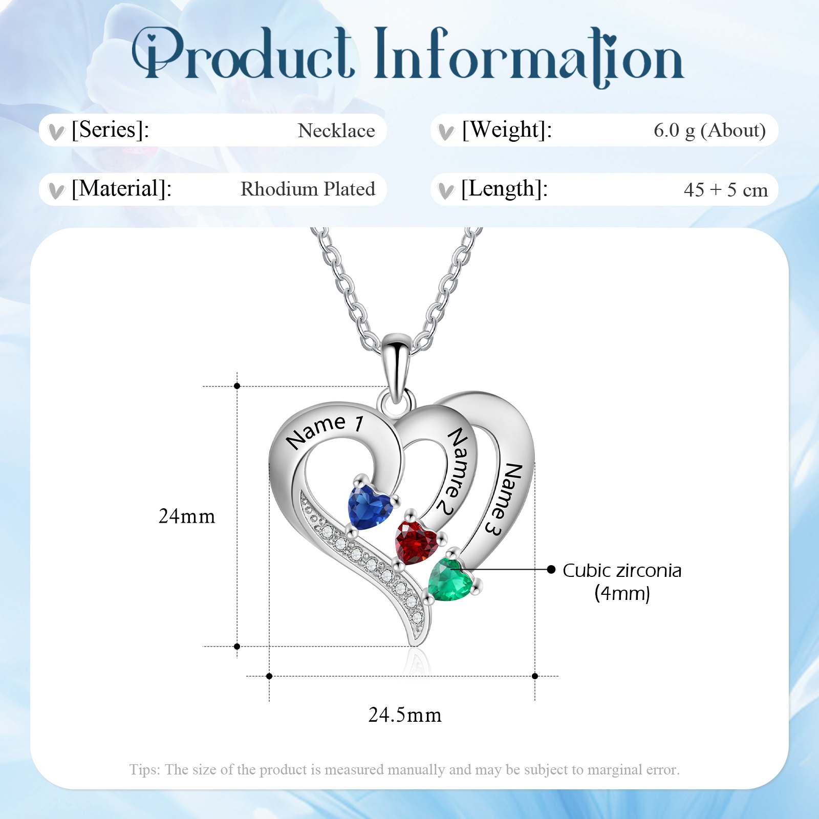 Collier Cœur 3 Prénoms Personnalisés avec 3 Pierres de Naissance Collier femme