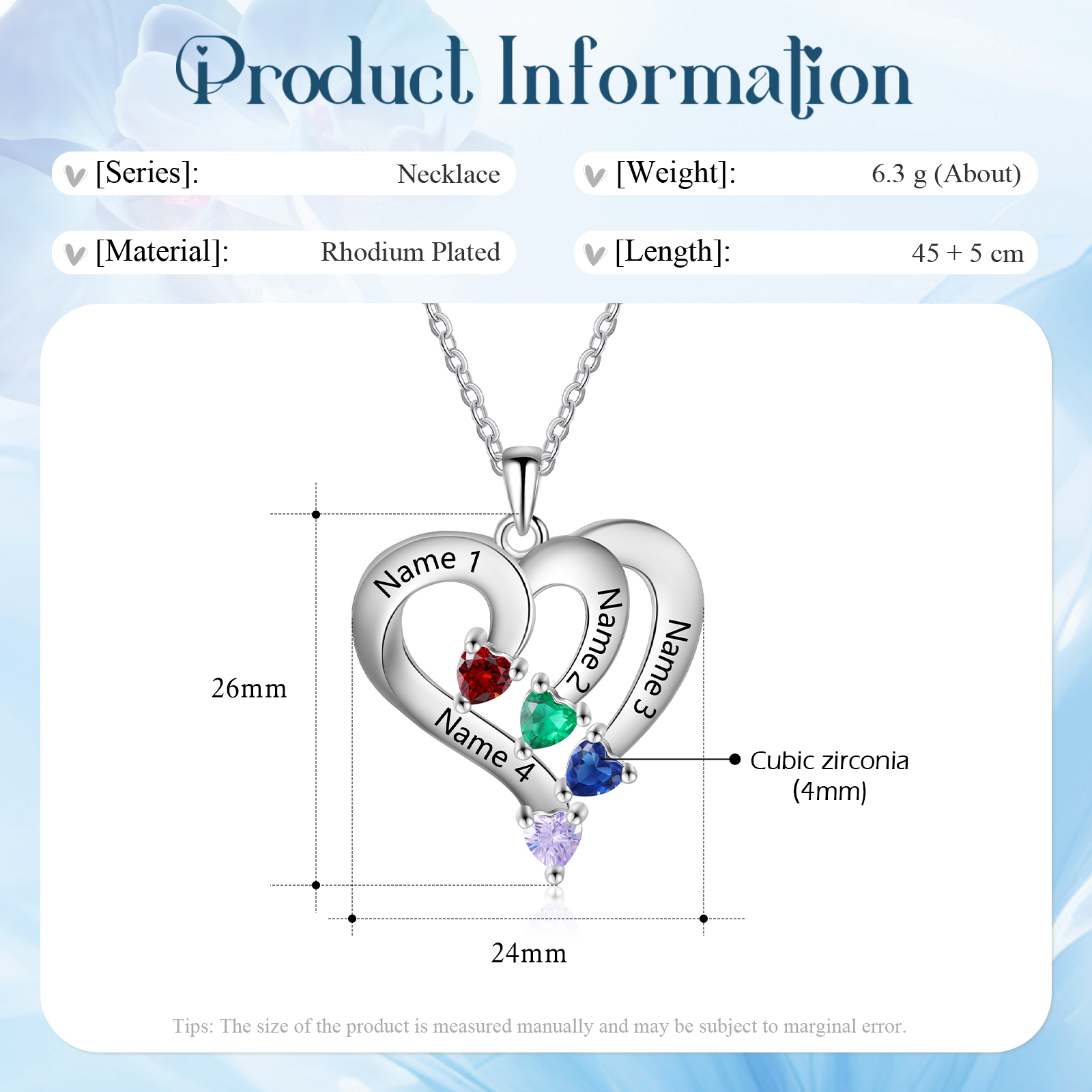 Collier Cœur 4 Prénoms Personnalisés avec 4 Pierres de Naissance Collier femme