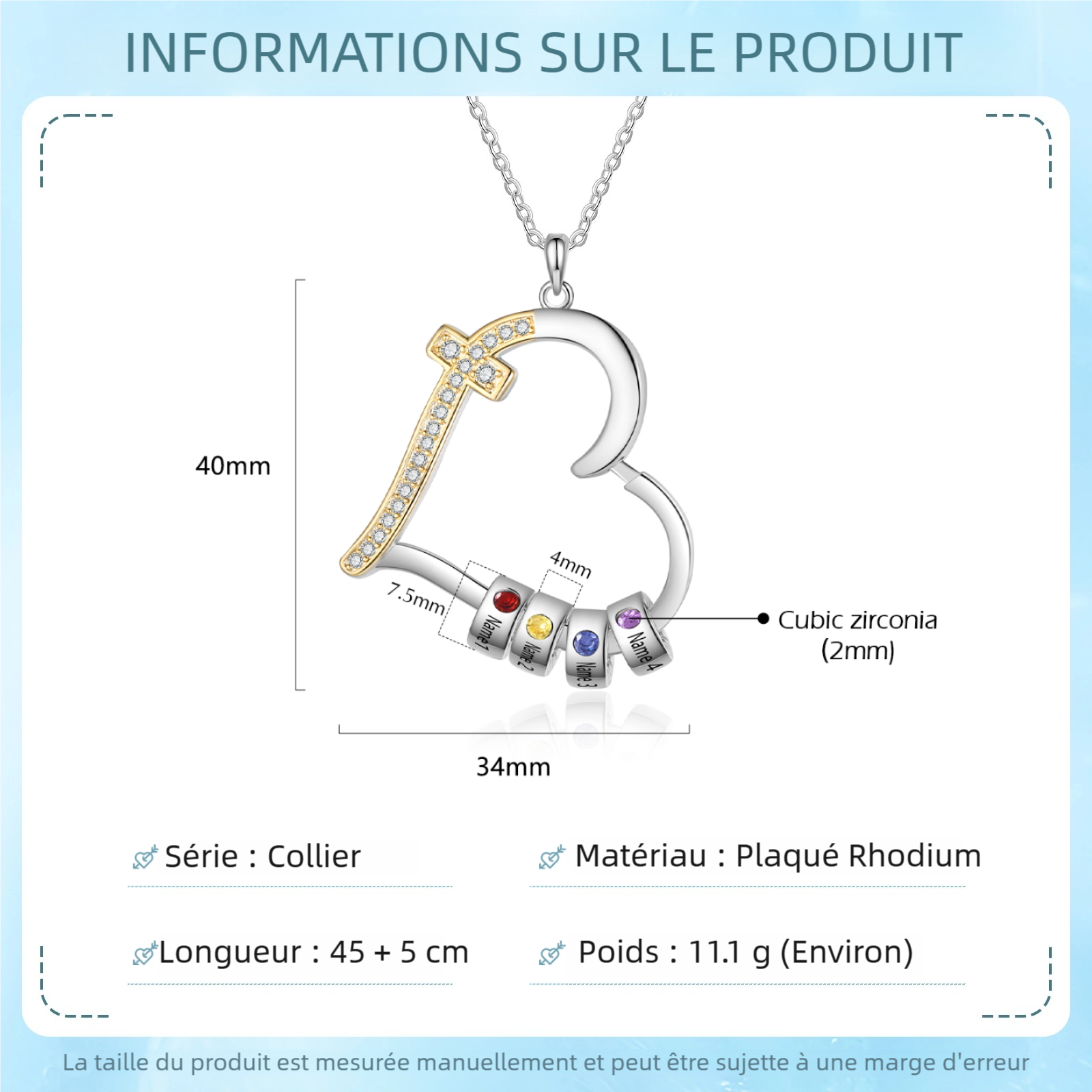 Collier Cœur 2-5 Prénoms Personnalisés avec 2-5 Pierres de naissance | Jessemade