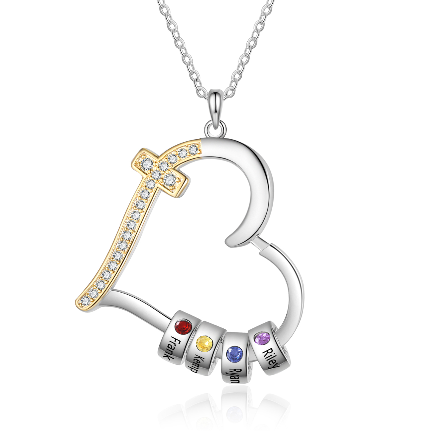 Collier Prénom cœur Argent 925 4 Prénom 4 pierre de naissance pour maman
