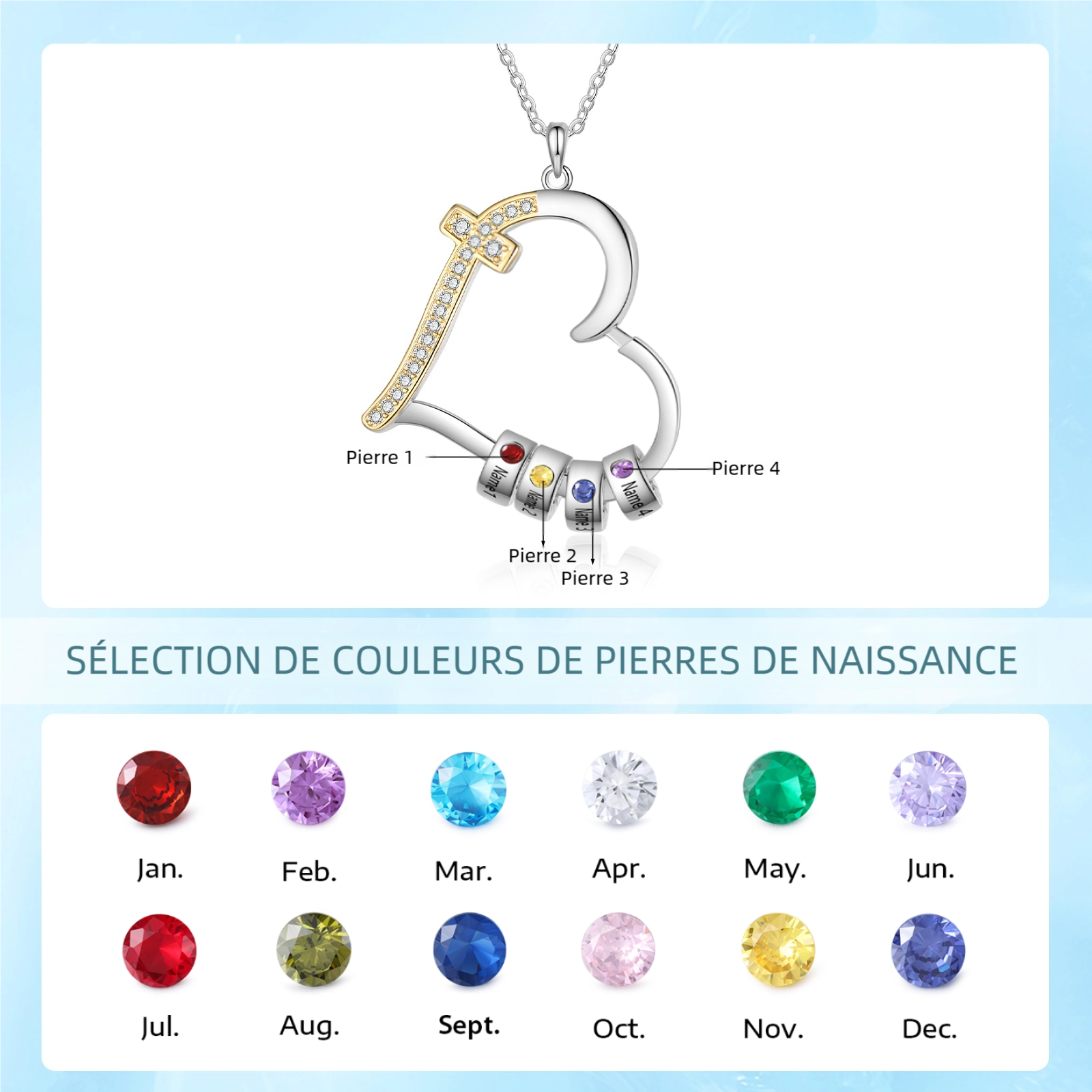 Collier Cœur 2-5 Prénoms Personnalisés avec 2-5 Pierres de naissance | Jessemade