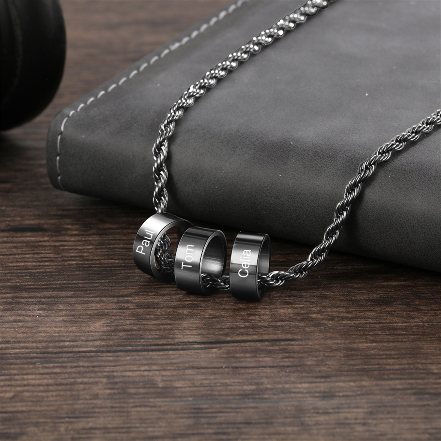 Collier Homme Personnalisé avec 1-5 Prénoms et Anneaux