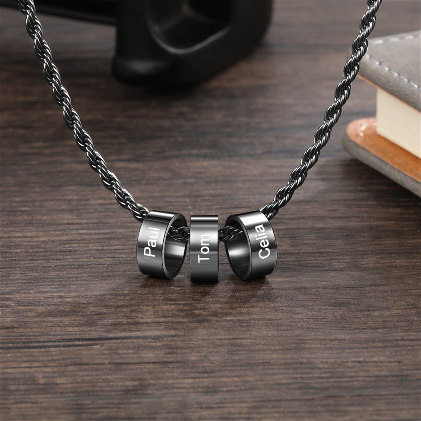 Collier Homme Personnalisé avec 1-5 Prénoms et Anneaux