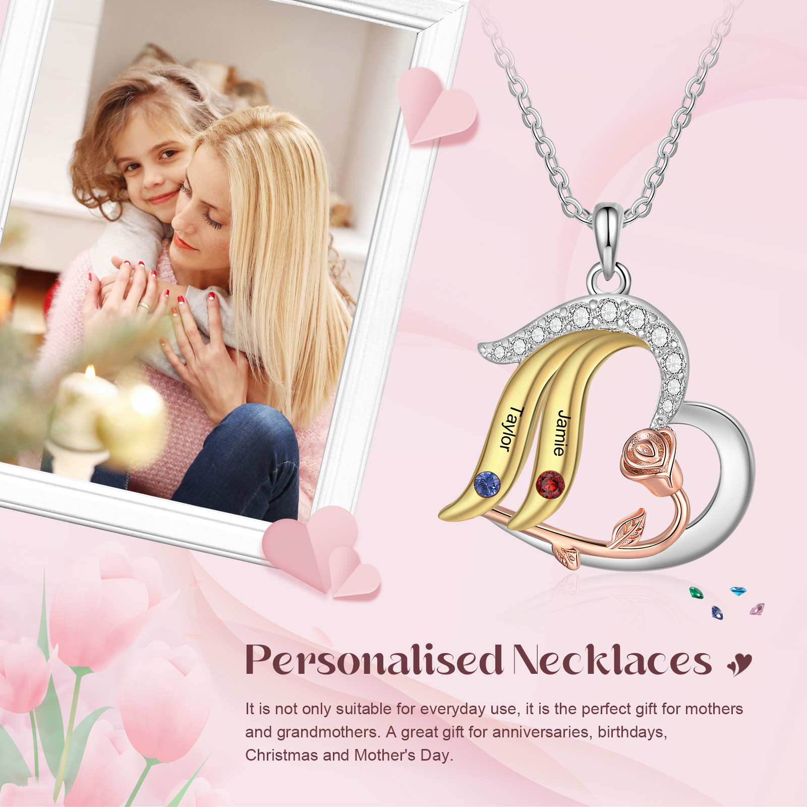 Collier Cœur Personnalisé Avec 2 Prénoms Gravés - Avec Pierre De Naissance - Cadeau Unique Pour Couple, Maman, Amie