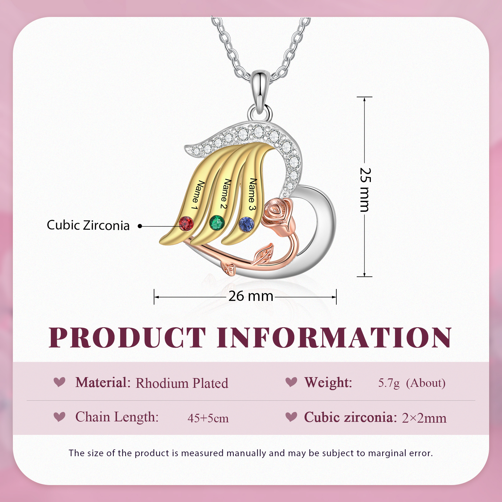 Collier rose 3 Prénoms Personnalisés cœur avec 3 pierre de naissance Collier Personnalisé Femme Or argent Cadeau pour femme | Jessemade