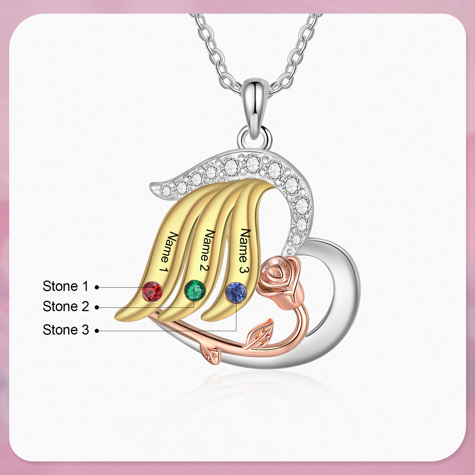 Collier rose 3 Prénoms Personnalisés cœur avec 3 pierre de naissance Collier Personnalisé Femme Or argent Cadeau pour femme | Jessemade