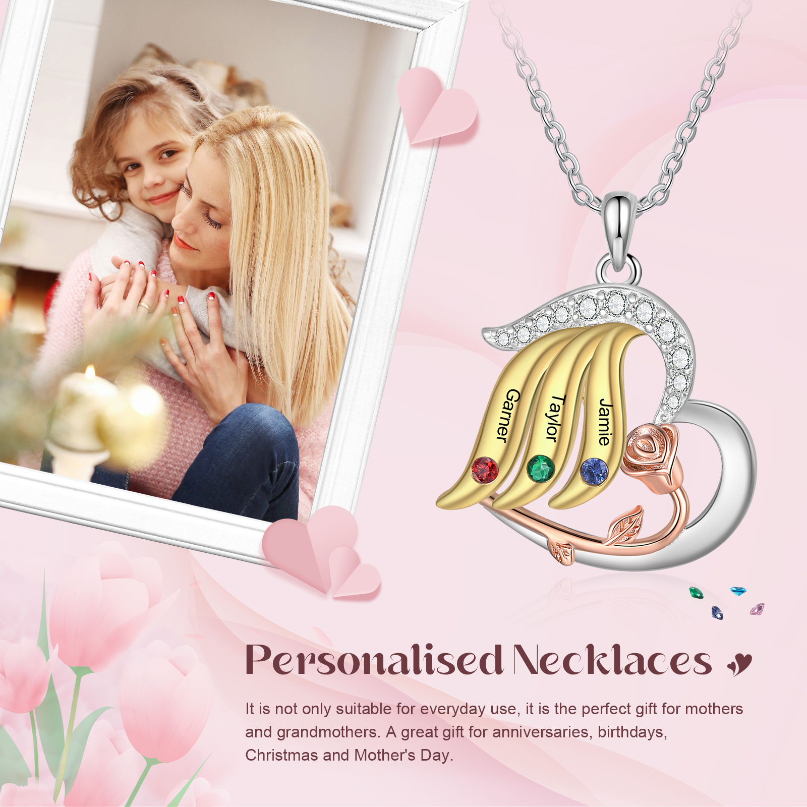 Collier rose 3 Prénoms Personnalisés cœur avec 3 pierre de naissance Collier Personnalisé Femme Or argent Cadeau pour femme | Jessemade