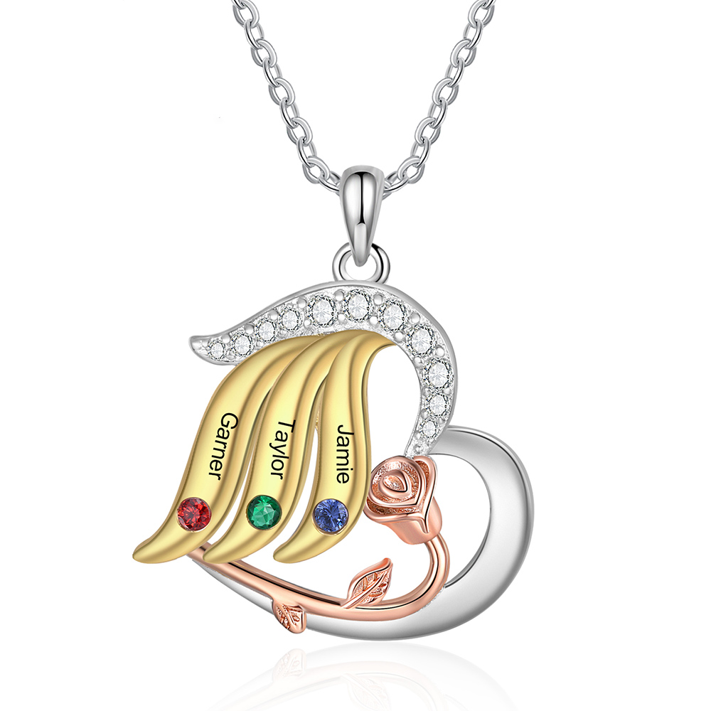 Collier rose 3 Prénoms Personnalisés cœur avec pierre de naissance Collier
