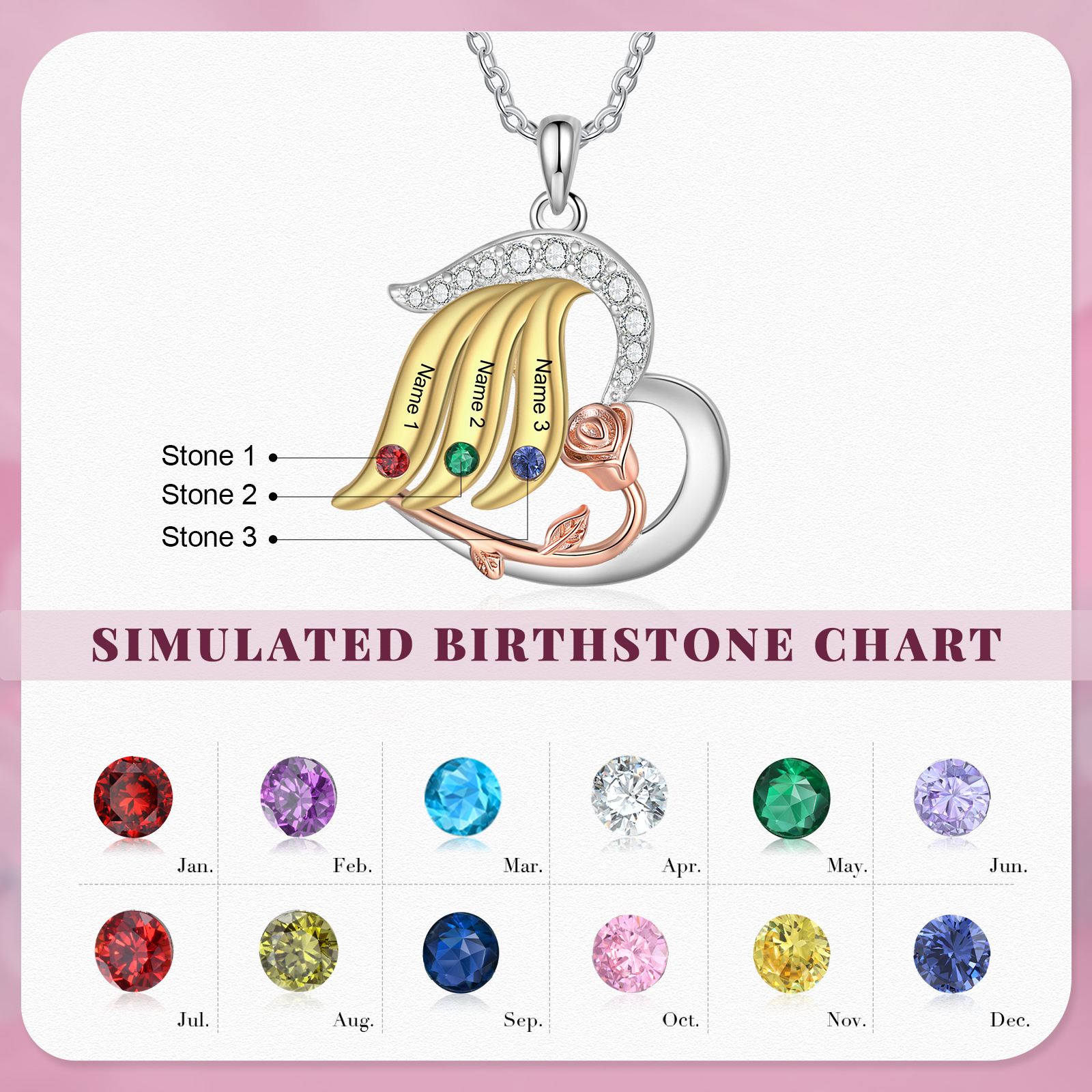Collier rose 3 Prénoms Personnalisés cœur avec 3 pierre de naissance Collier Personnalisé Femme Or argent Cadeau pour femme | Jessemade