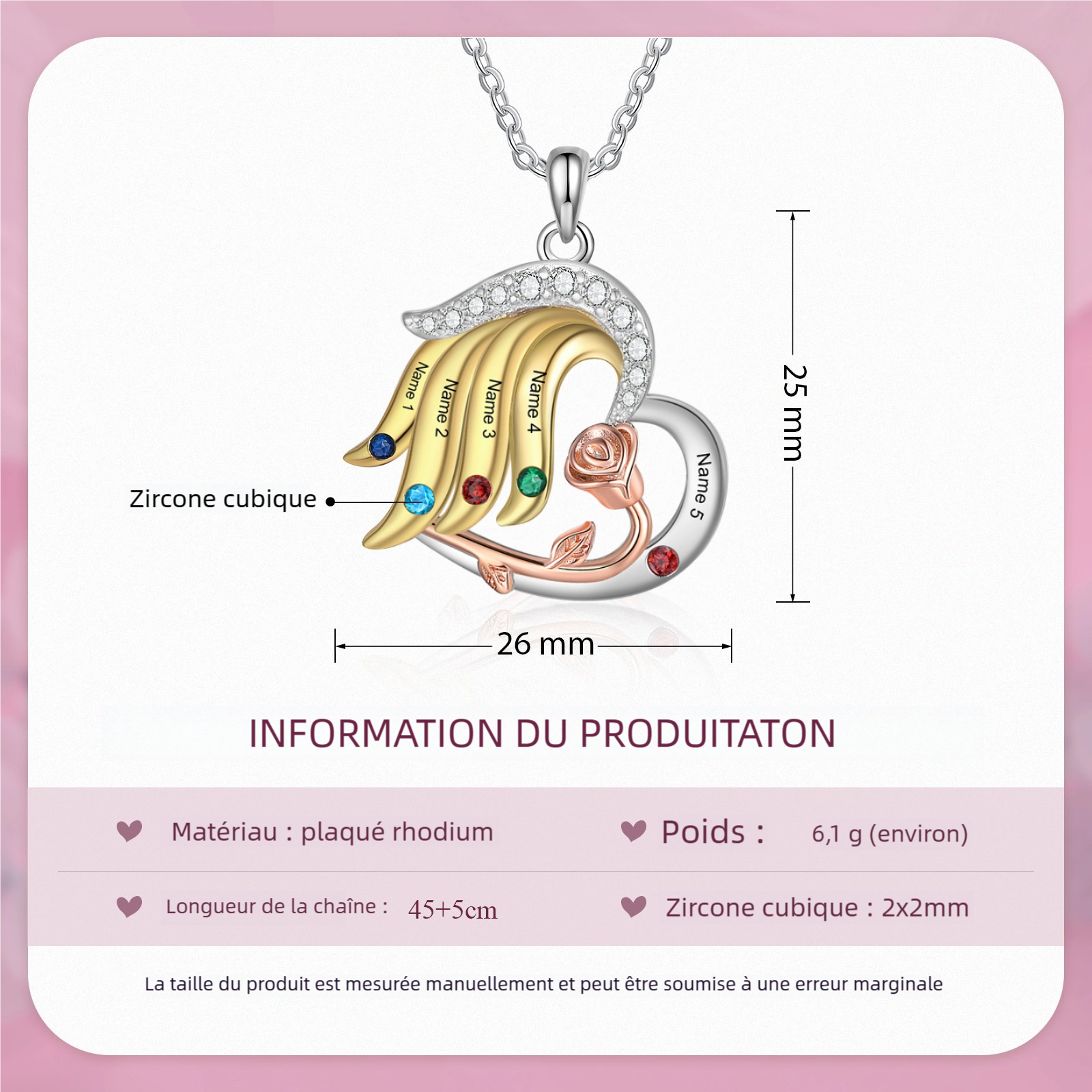 Collier rose 2-5 Prénoms Personnalisés Cœur avec Pierre de Naissance Collier Personnalisé Femme Or argent Cadeau pour femme | Jessemade