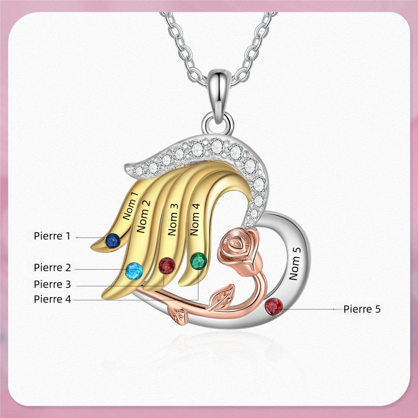 Collier rose 2-5 Prénoms Personnalisés Cœur avec Pierre de Naissance Collier Personnalisé Femme Or argent Cadeau pour femme | Jessemade