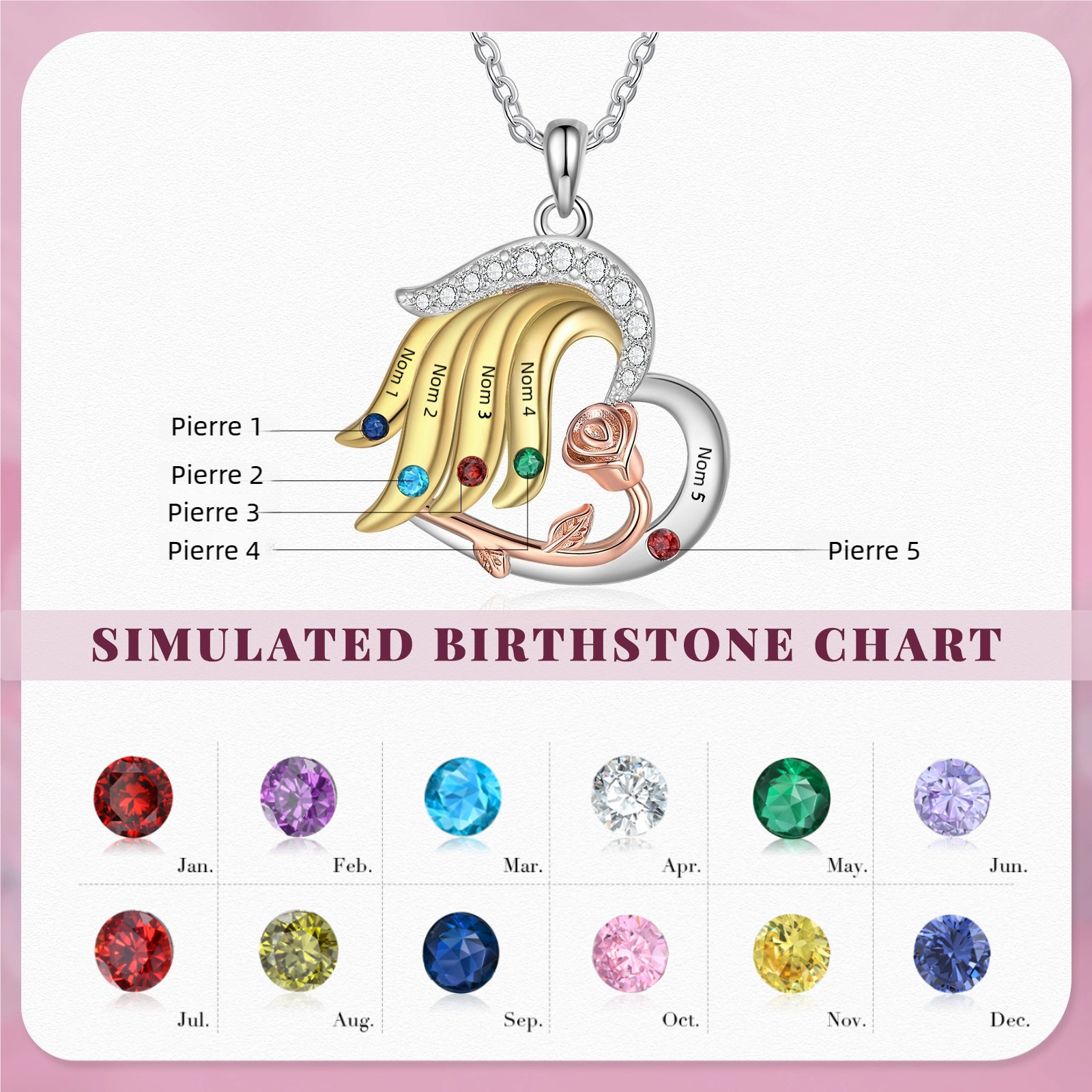Collier rose 2-5 Prénoms Personnalisés Cœur avec Pierre de Naissance Collier Personnalisé Femme Or argent Cadeau pour femme | Jessemade