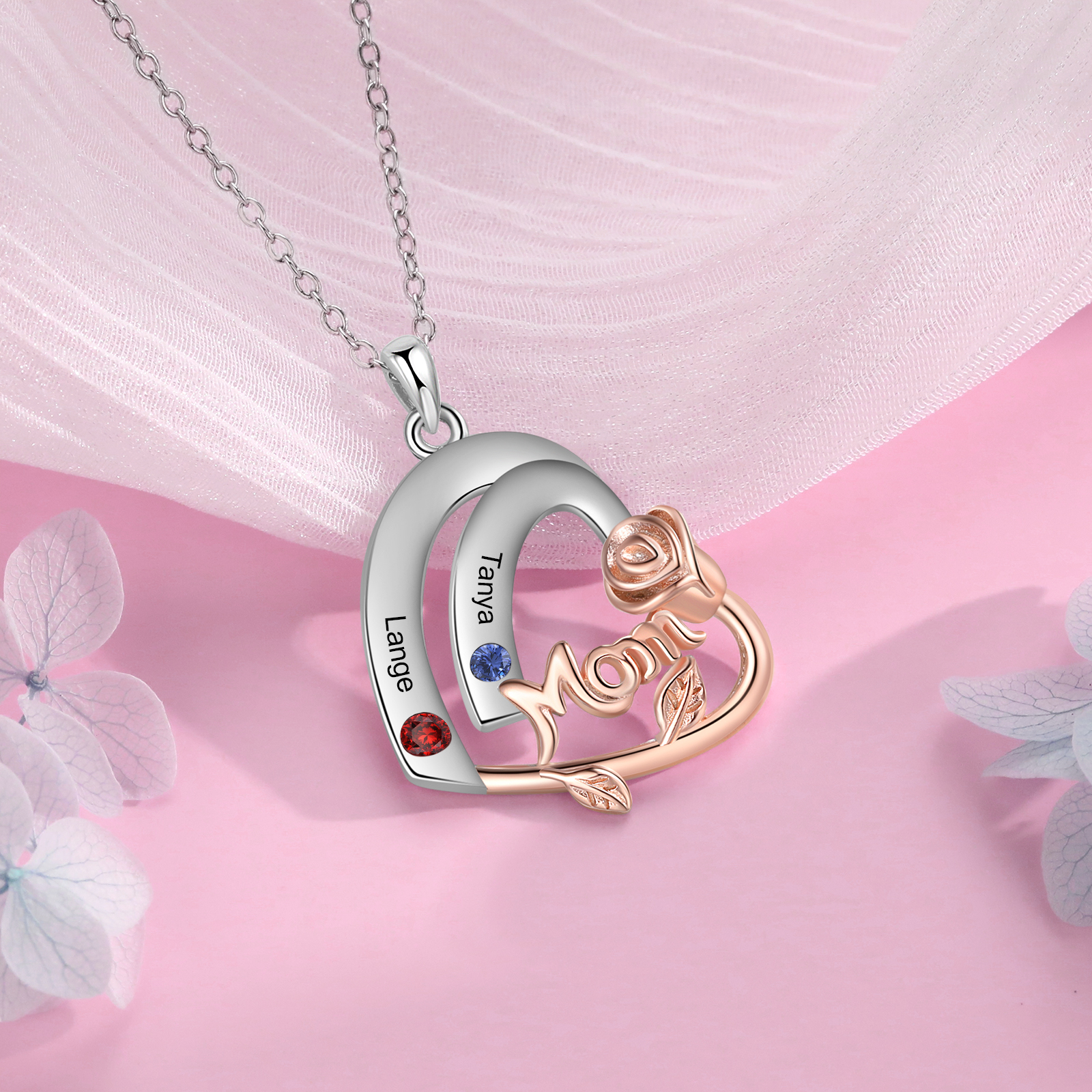 À Maman Collier 2 Prénoms Personnalisés cœur avec 4 pierre de naissance Collier Personnalisé Femme Or argent | Jessemade