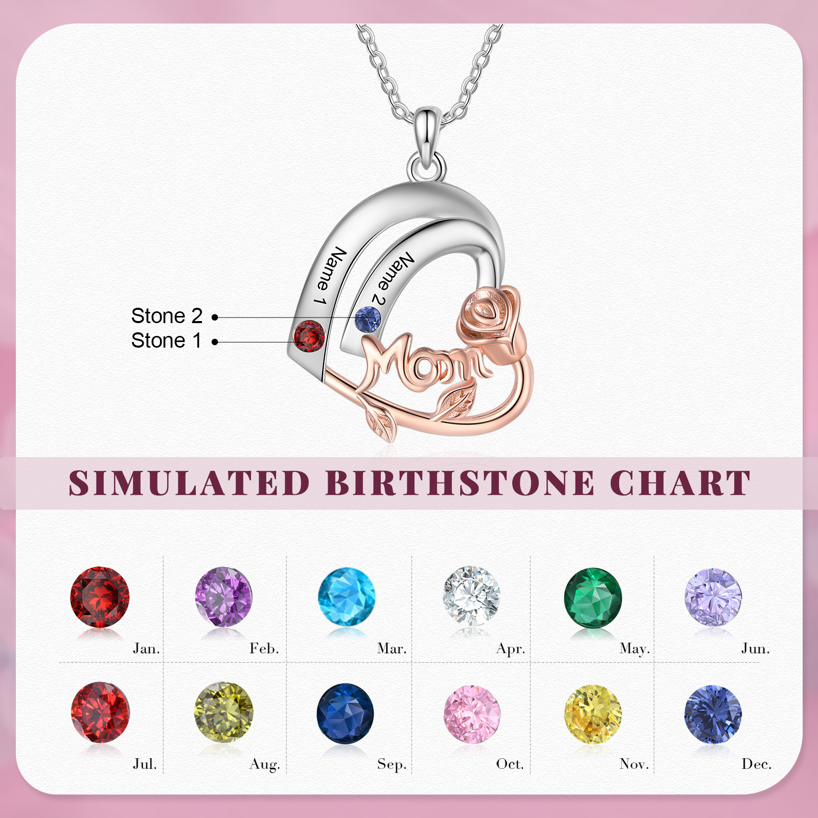 À Maman Collier 2 Prénoms Personnalisés cœur avec 4 pierre de naissance Collier Personnalisé Femme Or argent | Jessemade