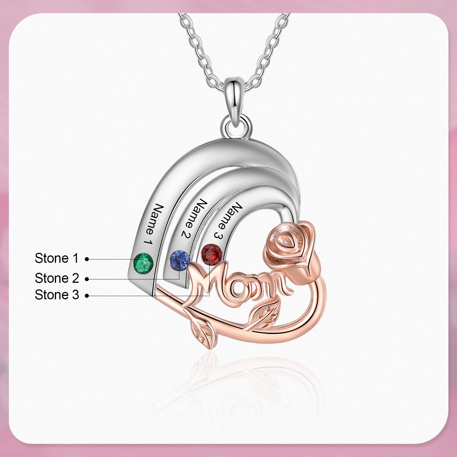 À Maman Collier 3 Prénoms Personnalisés cœur avec 3 pierre de naissance Collier Personnalisé Femme Or argent | Jessemade