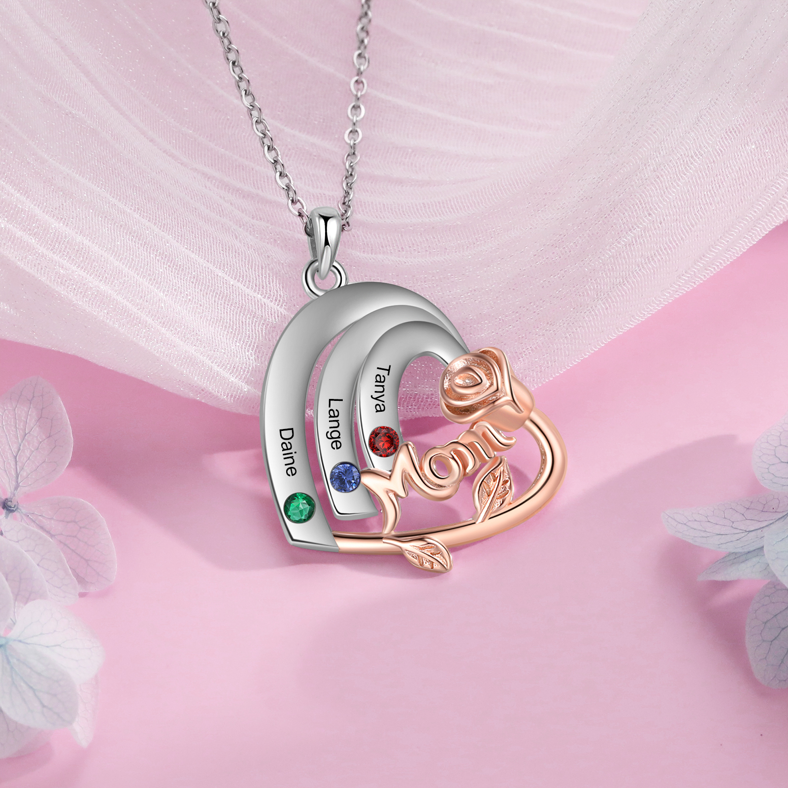 À Maman Collier 3 Prénoms Personnalisés cœur avec 3 pierre de naissance Collier Personnalisé Femme Or argent | Jessemade