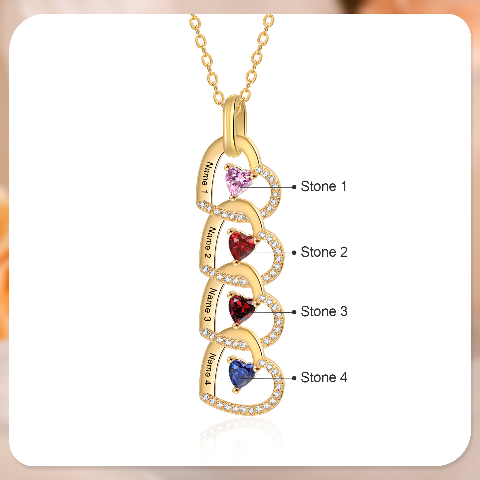 Collier Personnalisé avec 4 Prénoms et 4 Pierres de Naissance pour Femme| Jessemade