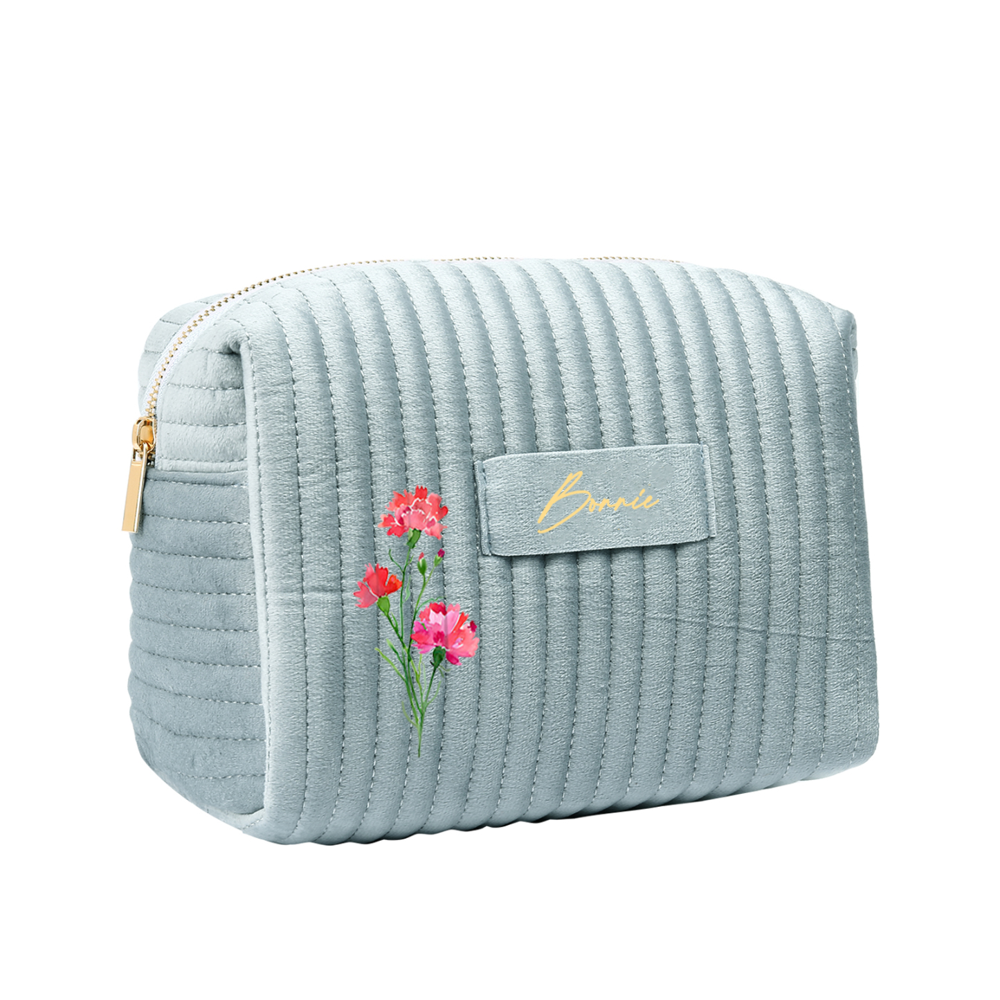 Trousse De Maquillage en velours côtelé aevc Fleur de Naissance et Prénom Sac De Maquillage À Capacité Élevée Pour Femmes