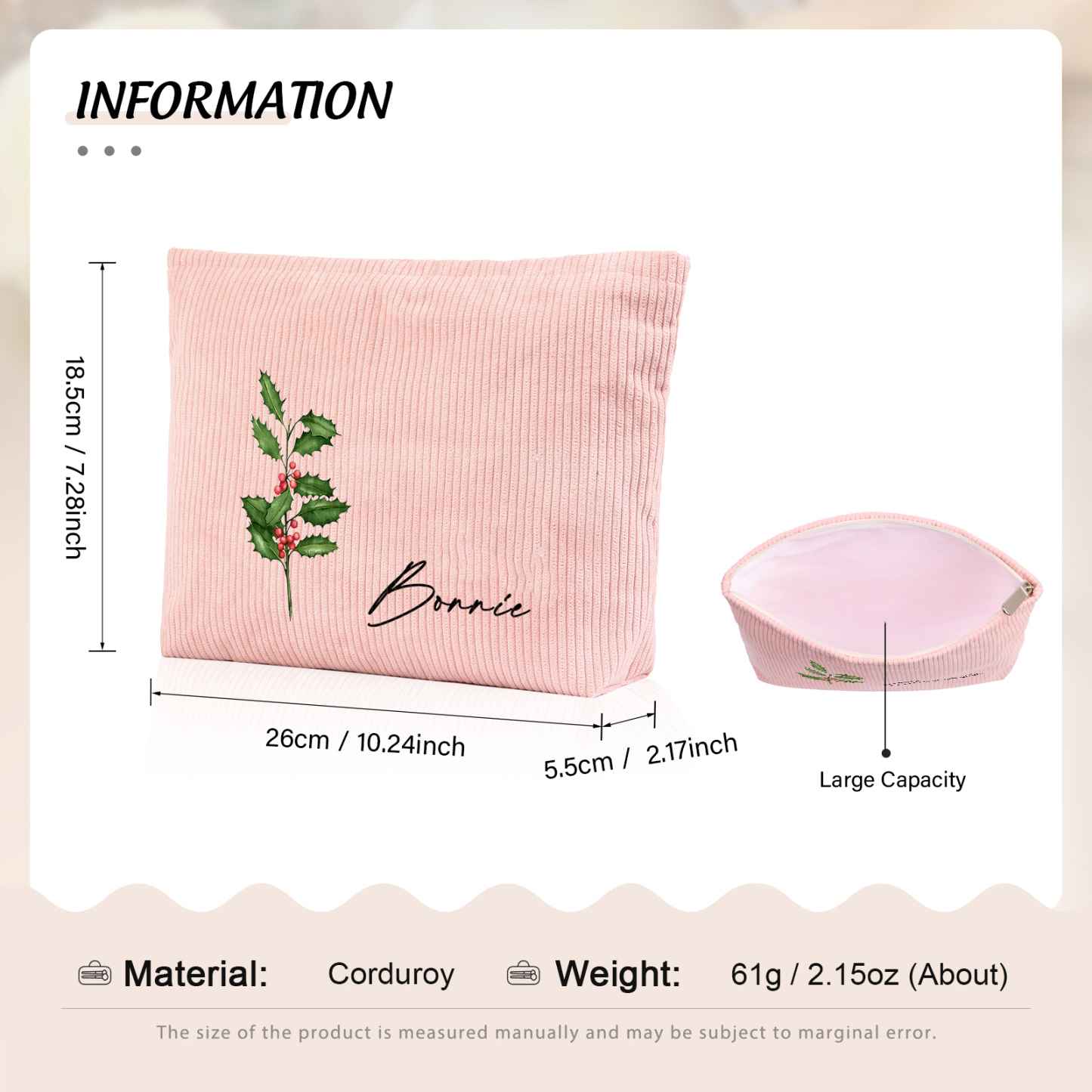 Trousse De Maquillage aevc Fleur de Naissance et Prénom Sac De Maquillage À Capacité Élevée Pour Femmes