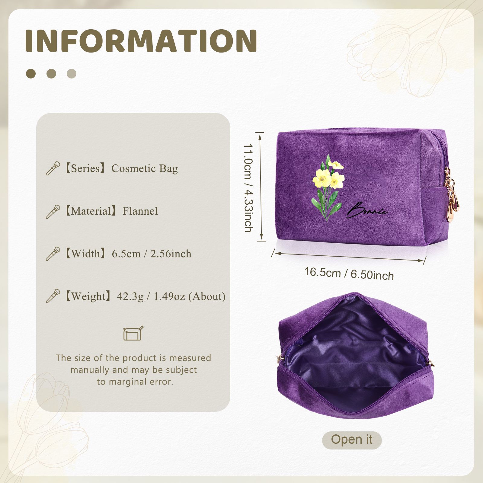 Trousse De Maquillage Personnalisée Élégance Fleur de Naissance et Prénom Sac De Maquillage À Capacité Élevée Pour Femmes