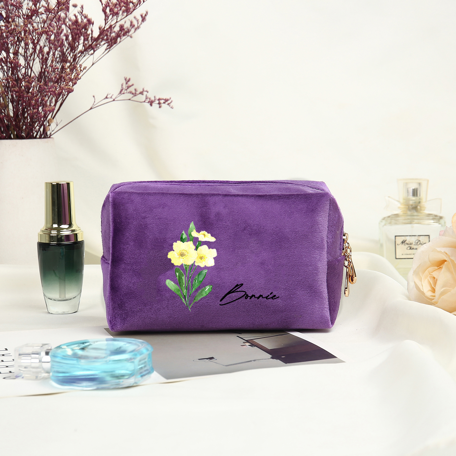 Trousse De Maquillage Personnalisée Élégance Fleur de Naissance et Prénom Sac De Maquillage À Capacité Élevée Pour Femmes